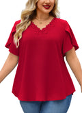Women's V-Neck Floral Lace Trim Blouse – Loose Fit Plus Size Top, Red
