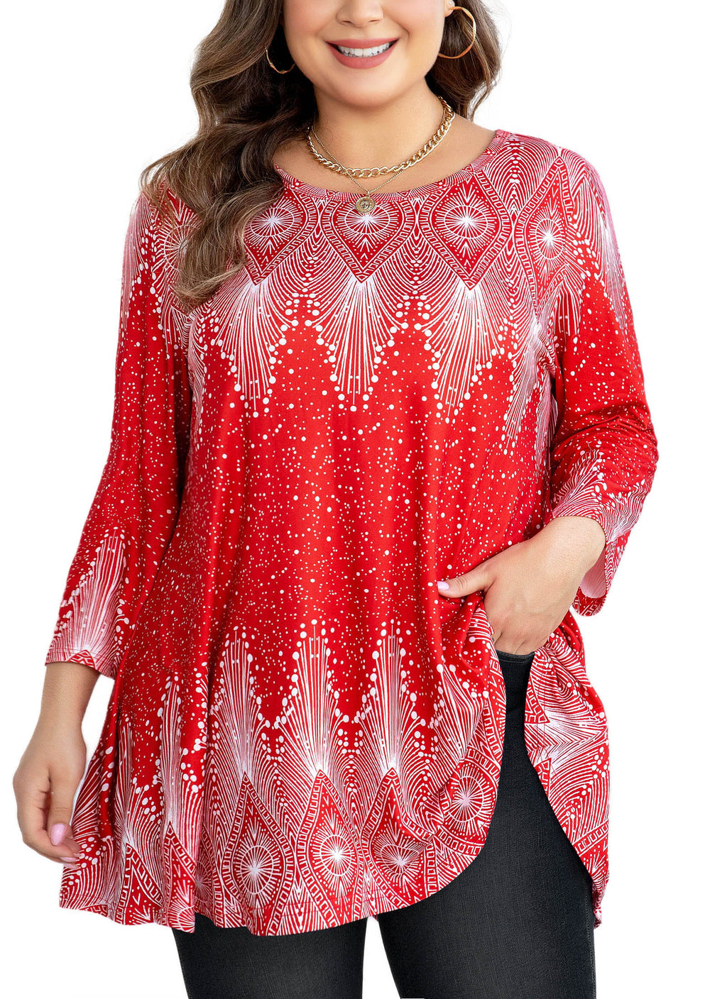 Womens Tunic Tops 3/4 Sleeve Plus Size Crew Neck Swing Flare Loose Fit T-Shirt Blouses to Wear with Leggings