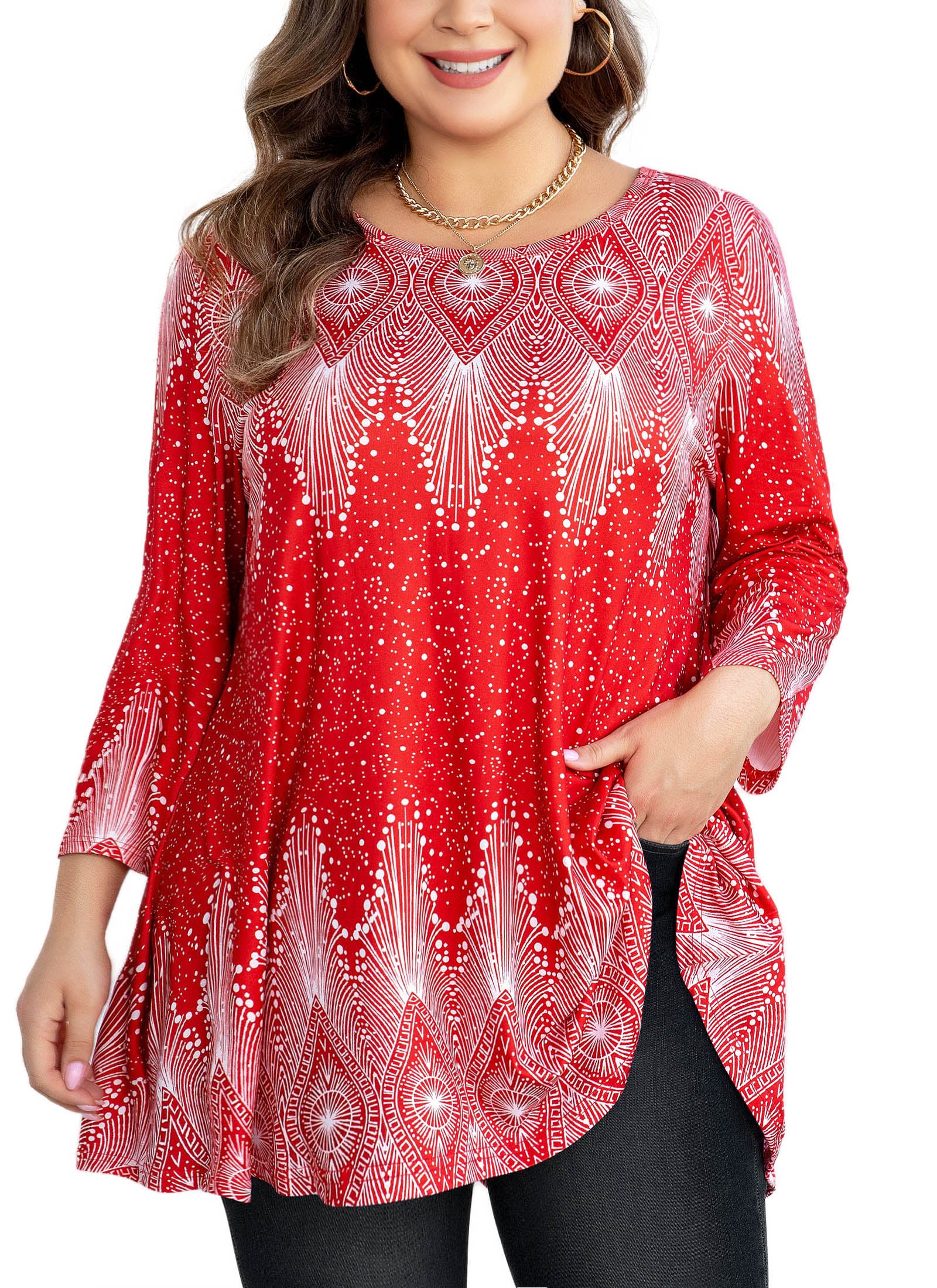 Womens Tunic Tops 3/4 Sleeve Plus Size Crew Neck Swing Flare Loose Fit T-Shirt Blouses to Wear with Leggings
