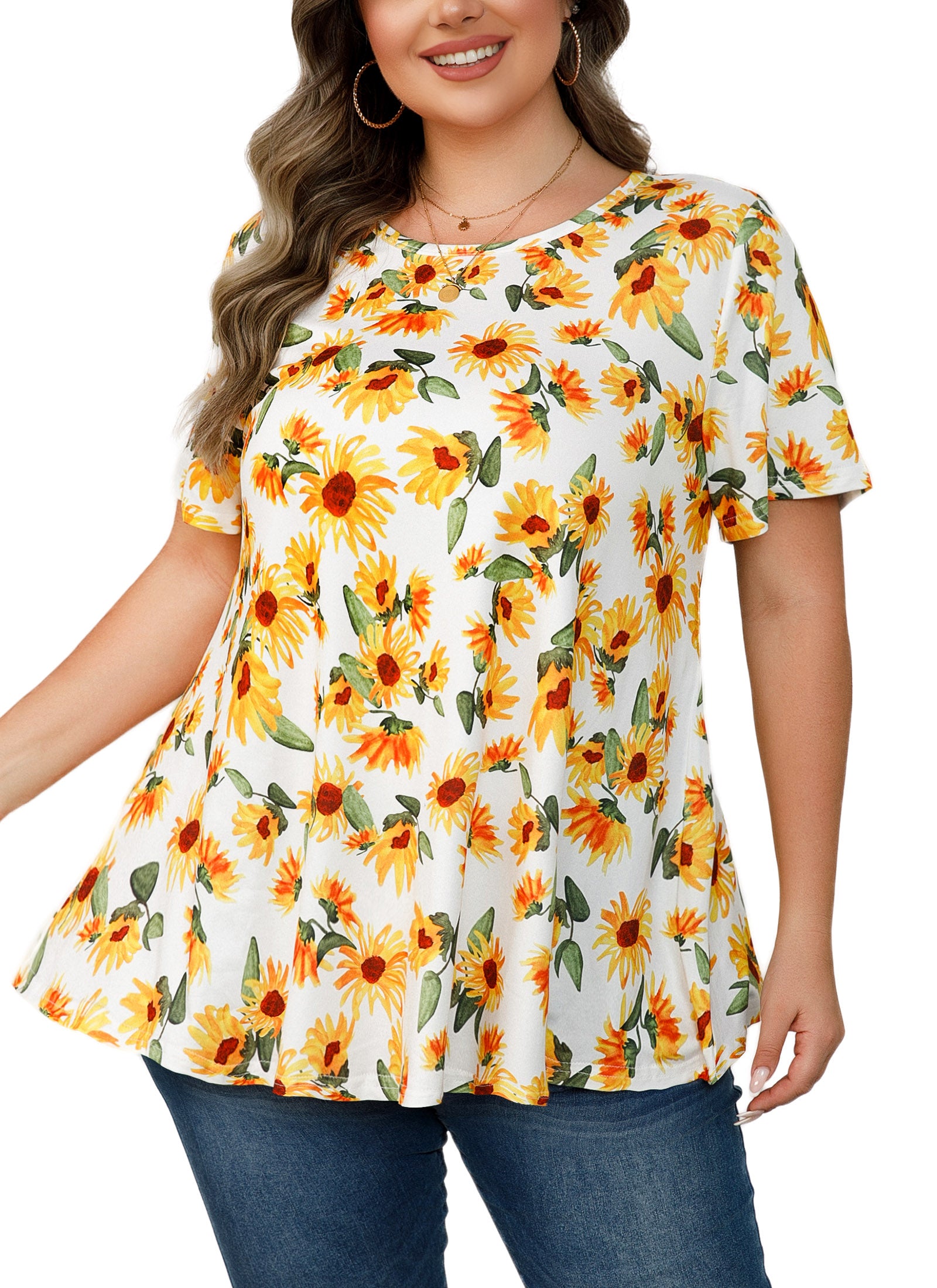 Tunic Tops for Women Plus Size Short Sleeve Crew Neck Swing Flare Loose T-Shirt Blouses to Wear with Leggings