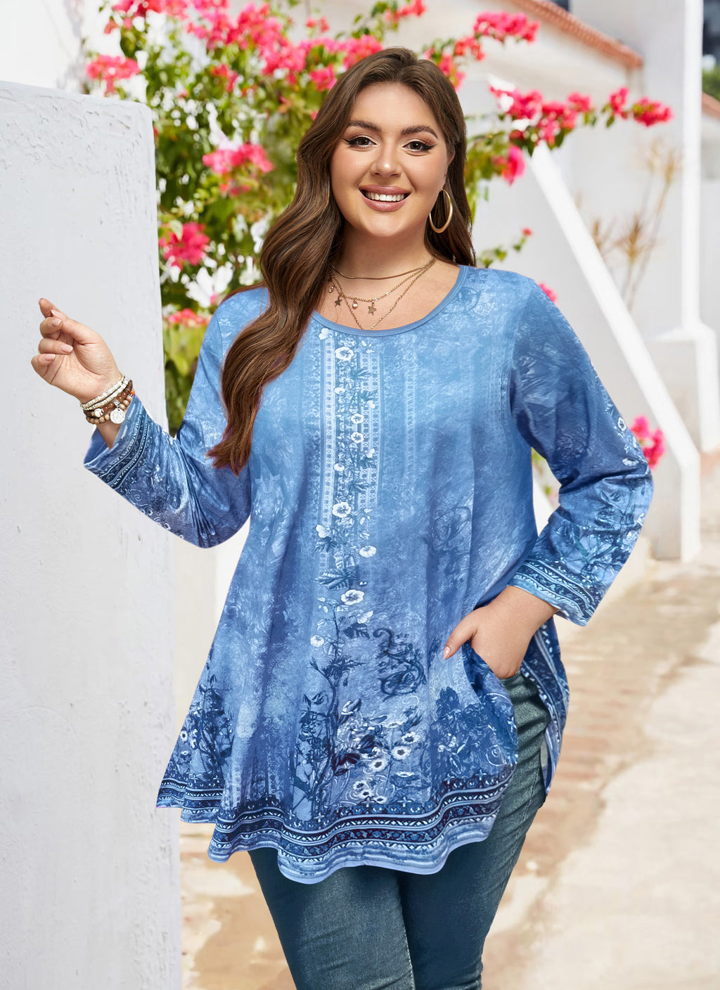 Women's Plus Size Swing Tunic Top | 3/4 Sleeve Flowy Blouse