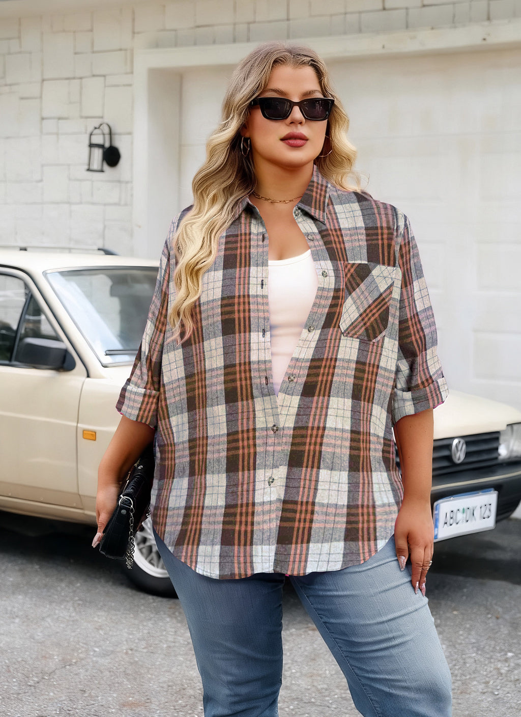 Womens Plus Size Flannel Shirts Long Sleeve Button Down Plaid Shirt Roll Up Oversize Checkered Blouse Top Fall