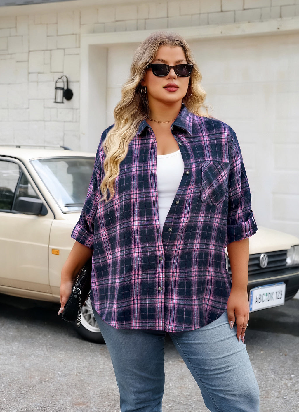 Womens Plus Size Flannel Shirts Long Sleeve Button Down Plaid Shirt Roll Up Oversize Checkered Blouse Top Fall