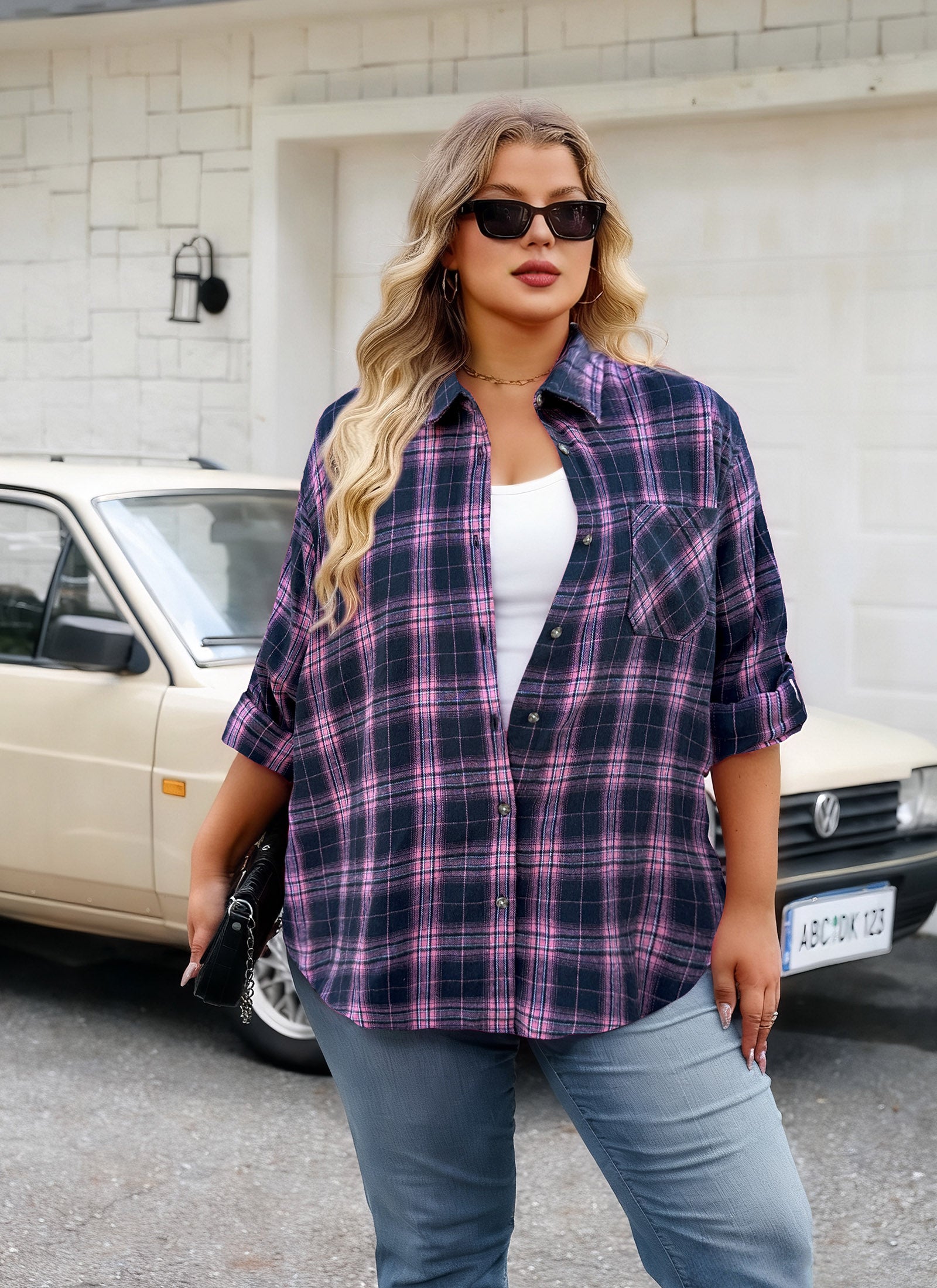 Womens Plus Size Flannel Shirts Long Sleeve Button Down Plaid Shirt Roll Up Oversize Checkered Blouse Top Fall