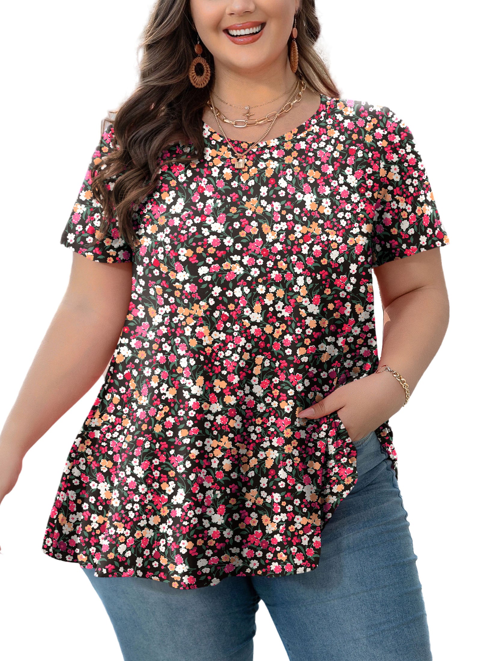 Womens Plus Size Tops Short Sleeve Swing Flare Flowy Tunic Loose Fit Summer Casual Blouses to Wear with Leggings