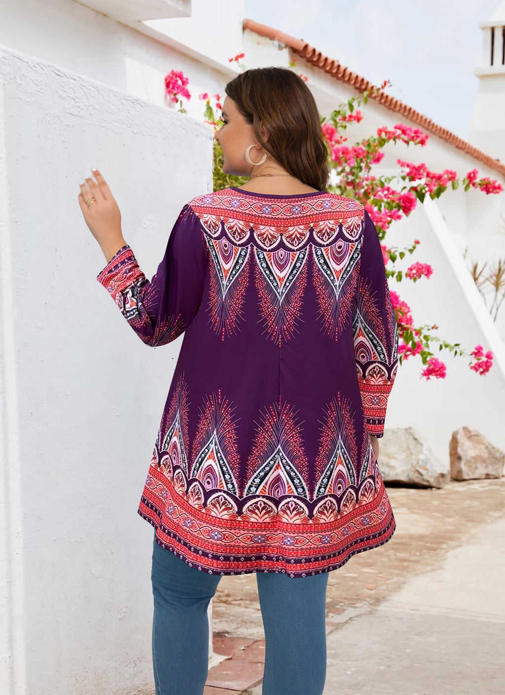 Womens Tunic 3/4 Sleeve Plus Size Tops Crew Neck Swing Flowy Loose Fit T-Shirt Blouses to Wear with Leggings