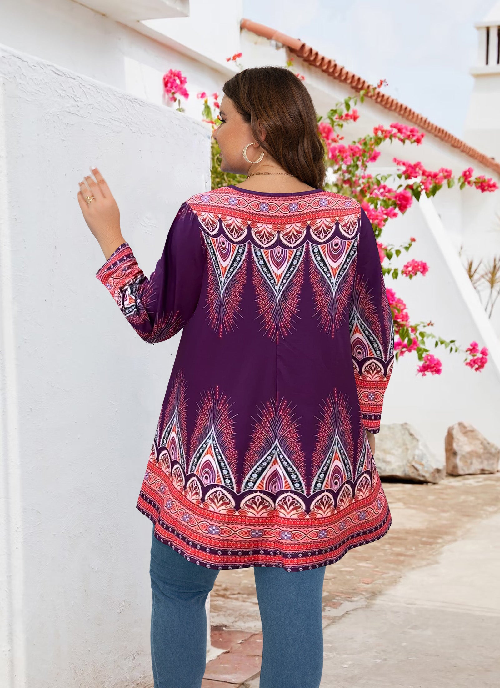 Womens Tunic 3/4 Sleeve Plus Size Tops Crew Neck Swing Flowy Loose Fit T-Shirt Blouses to Wear with Leggings