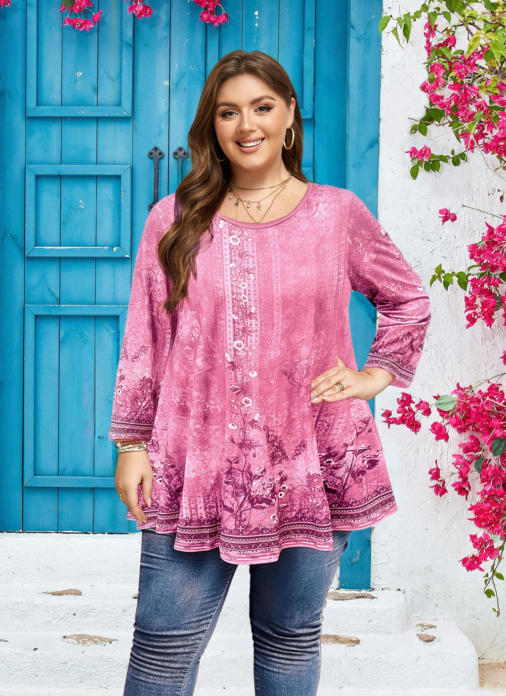 Women's Plus Size Swing Tunic Top | 3/4 Sleeve Flowy Blouse