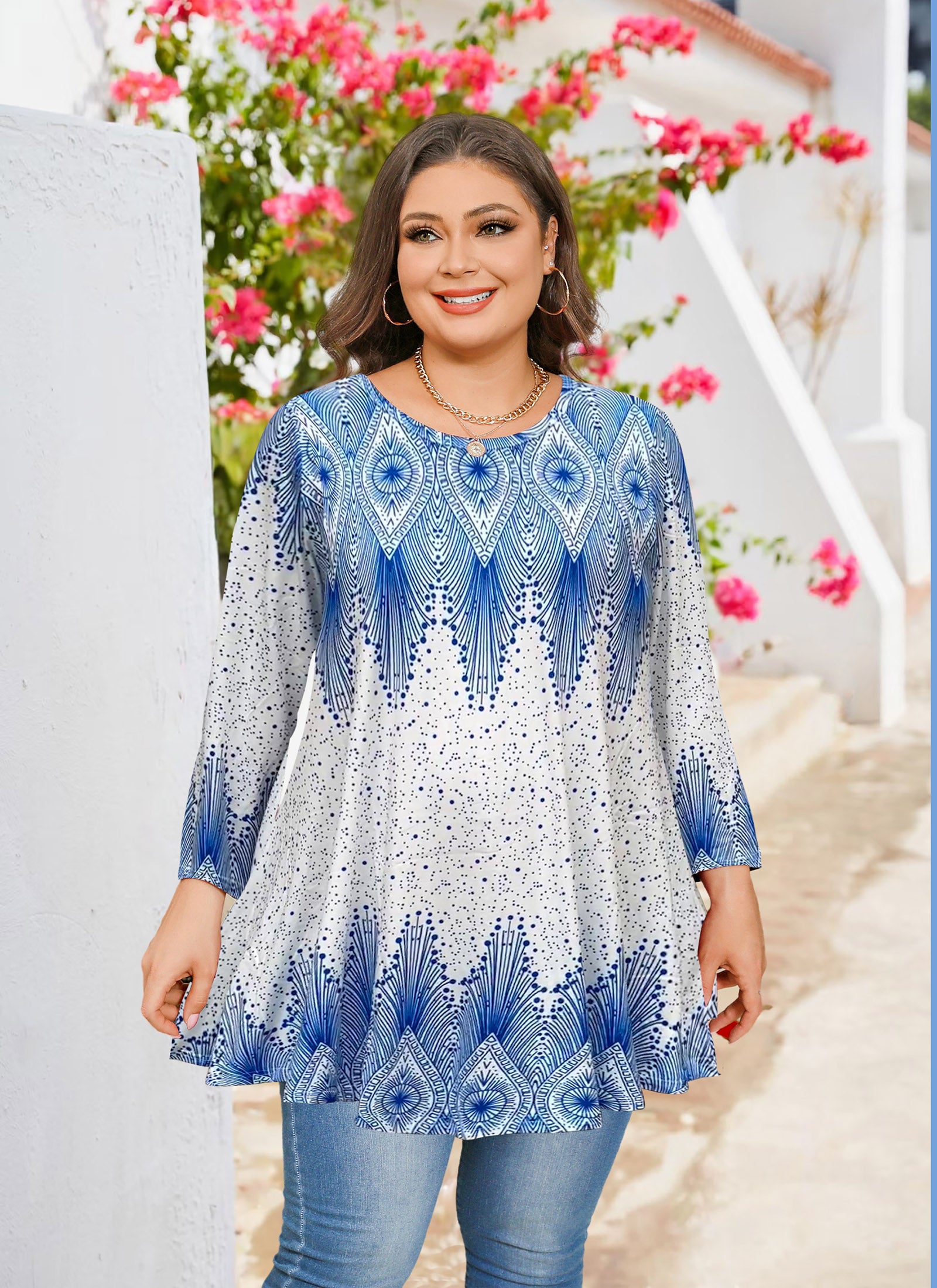 Tunic Tops for Women Plus Size 3/4 Sleeve Crew Neck Swing Flare Loose T-Shirt Blouses to Wear with Leggings