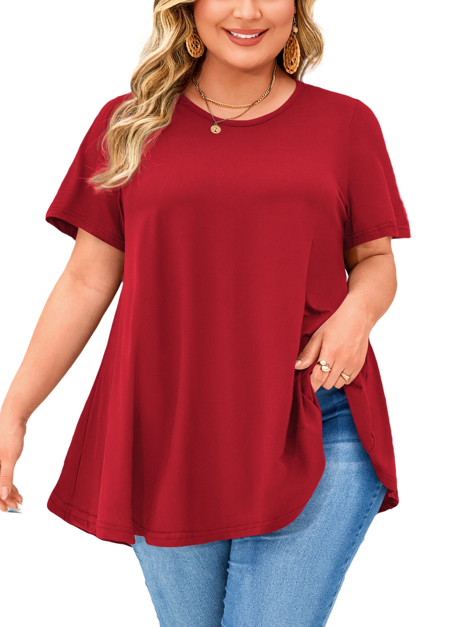 Tunic Tops for Women Plus Size Short Sleeve Crew Neck Swing Flare Loose T-Shirt Blouses to Wear with Leggings