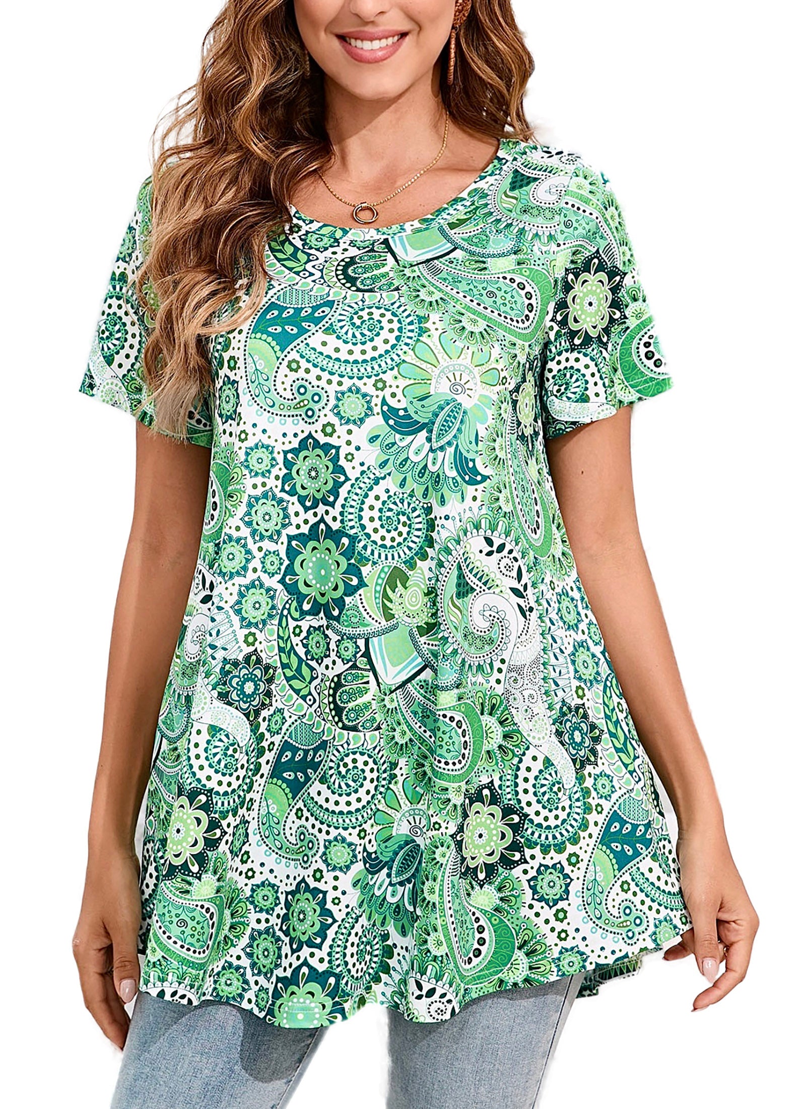 Tunic Tops for Women Plus Size Short Sleeve Crew Neck Swing Flare Loose T-Shirt Blouses to Wear with Leggings