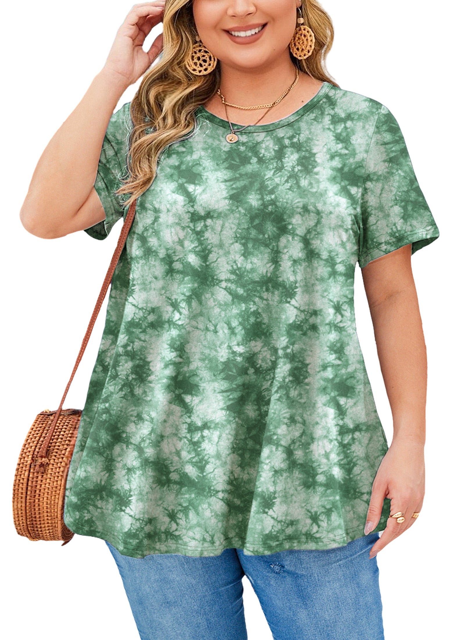 Womens Plus Size Tops Short Sleeve Swing Flare Flowy Tunic Loose Fit Summer Casual Blouses to Wear with Leggings