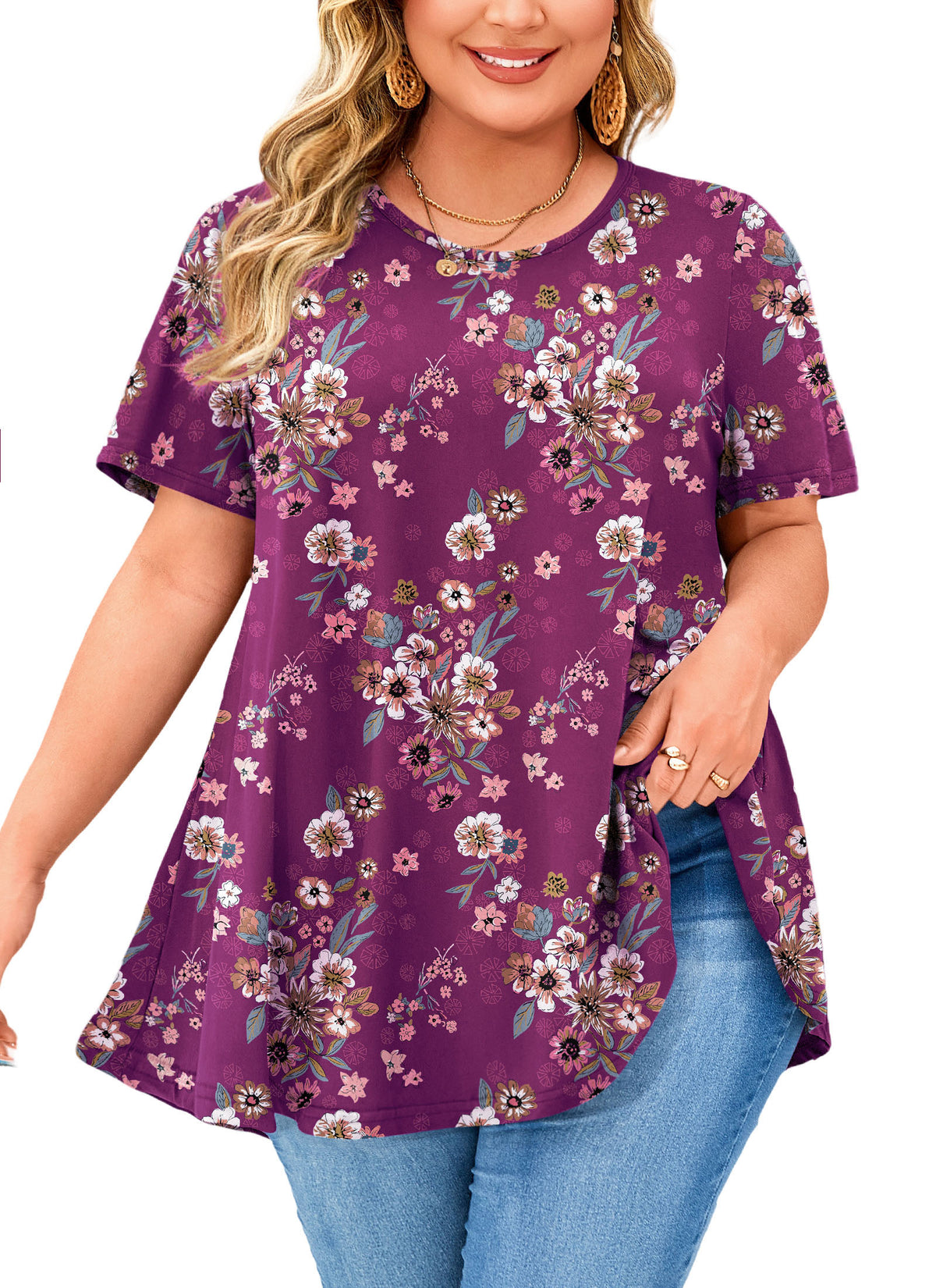Tunic Tops for Women Plus Size Short Sleeve Crew Neck Swing Flare Loose T-Shirt Blouses to Wear with Leggings