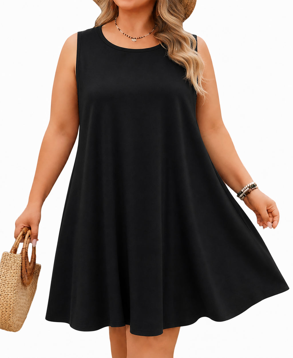 Women's Sleeveless Tank Dress with Pockets – Casual Loose Fit, Plus Size, Black