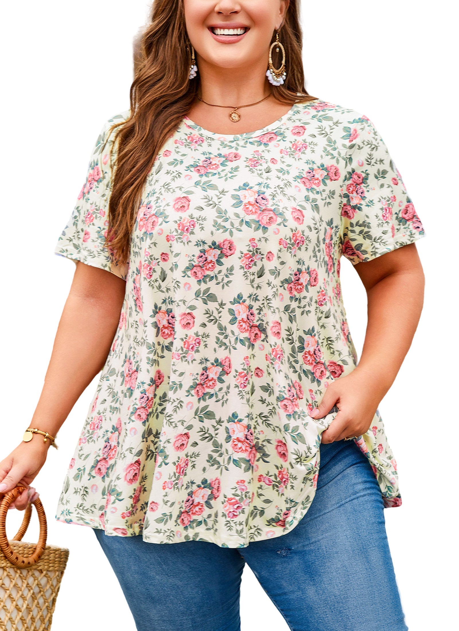 Womens Plus Size Tops Short Sleeve Swing Flare Flowy Tunic Loose Fit Summer Casual Blouses to Wear with Leggings