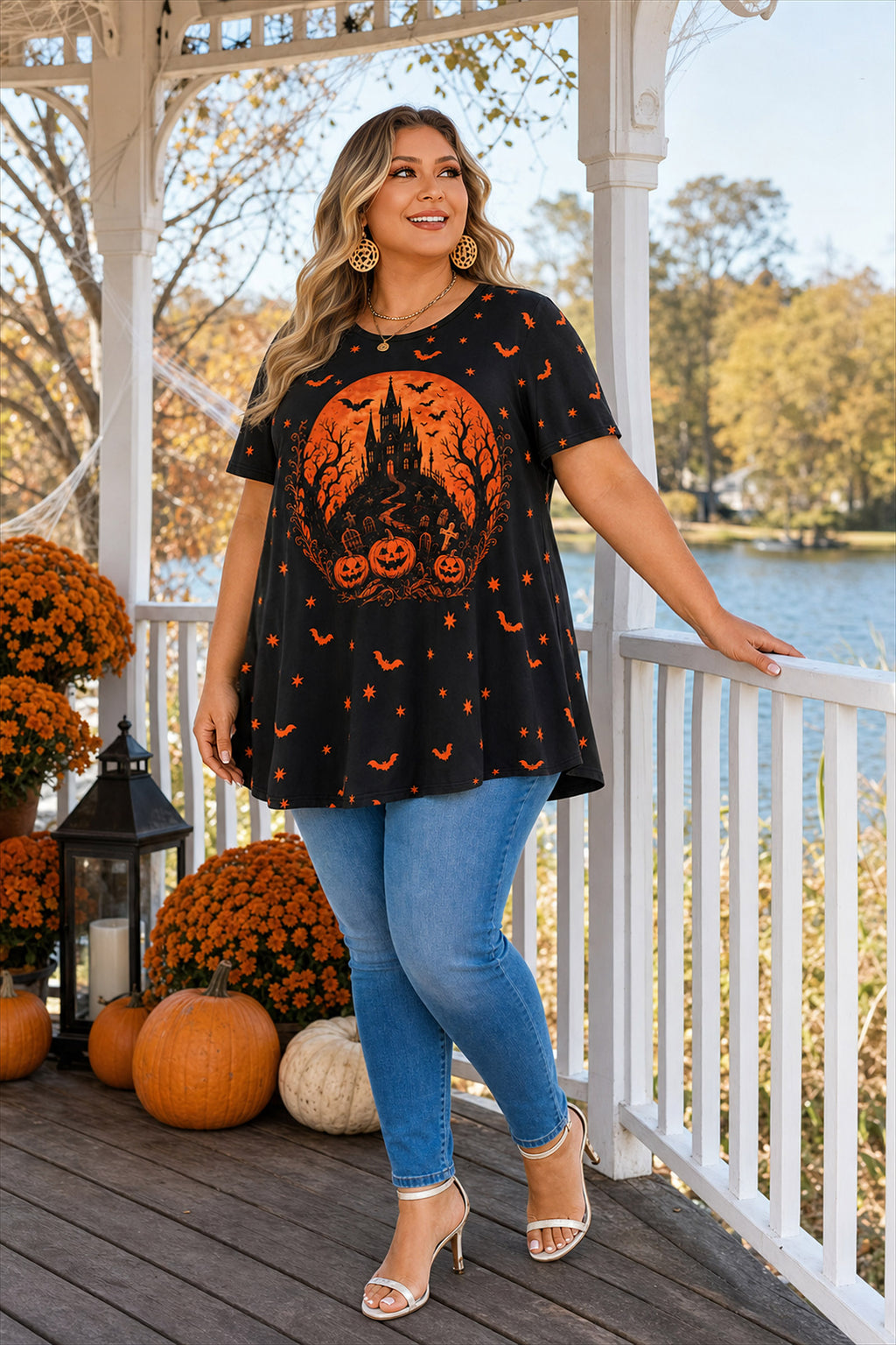 Black & Orange Halloween Tunic Top for Women – Flowy Swing Blouse, Plus Size