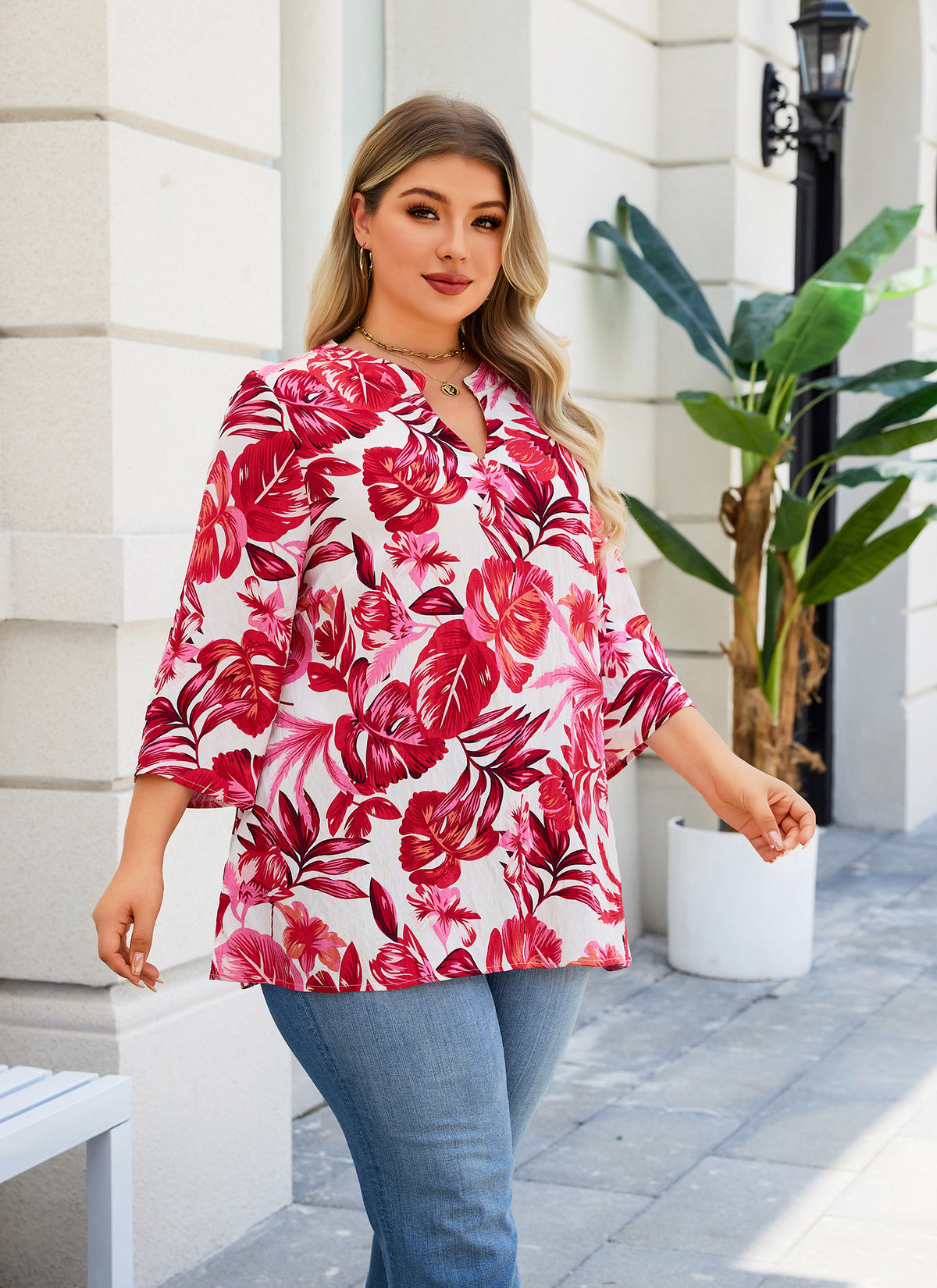 Plus Size Tops 3/4 Sleeve Boho Blouses Dressy Casual V Neck Tunic Loose Fit Floral Peasant Shirts