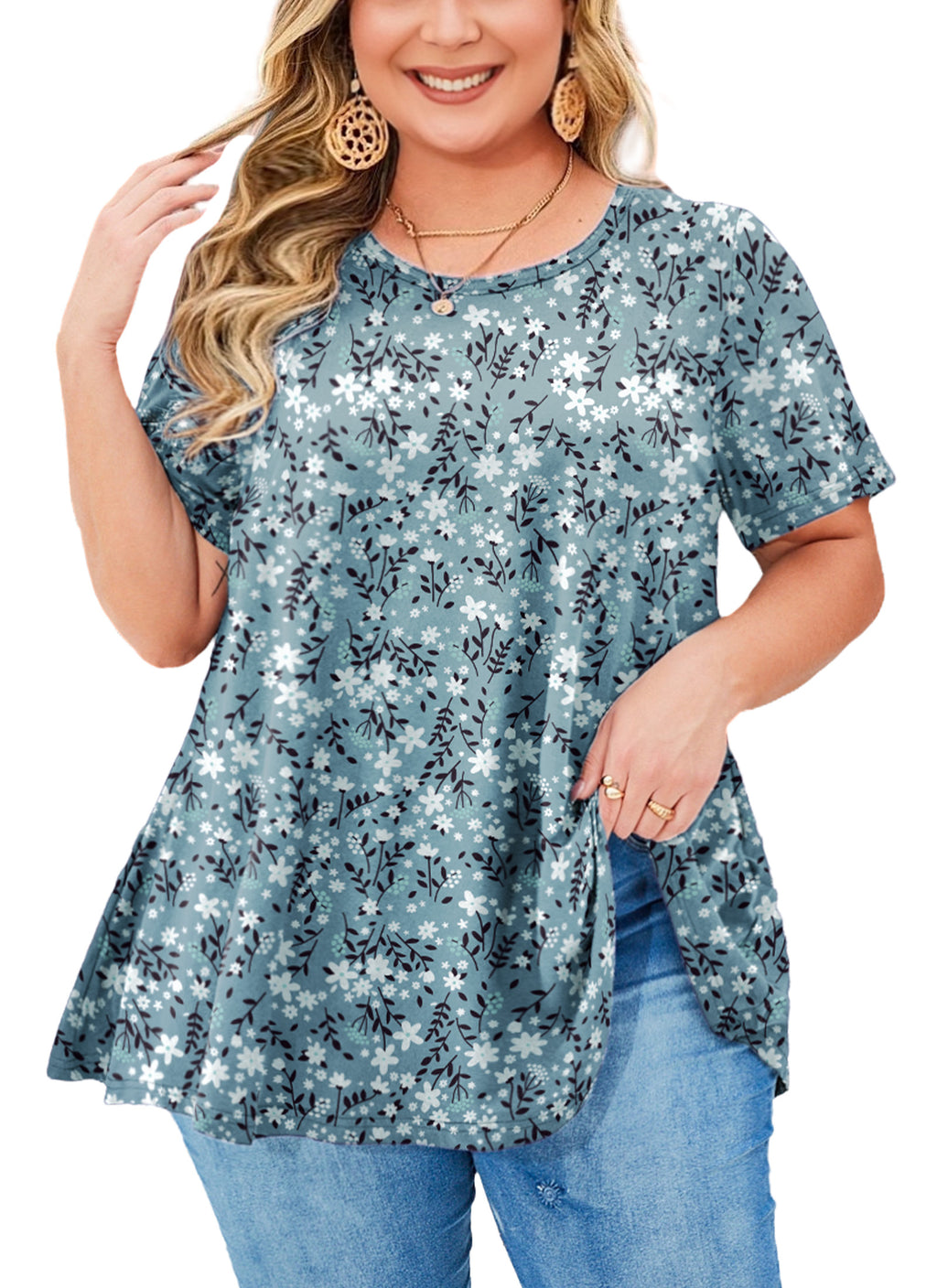 Womens Plus Size Tops Short Sleeve Swing Flare Flowy Tunic Loose Fit Summer Casual Blouses to Wear with Leggings