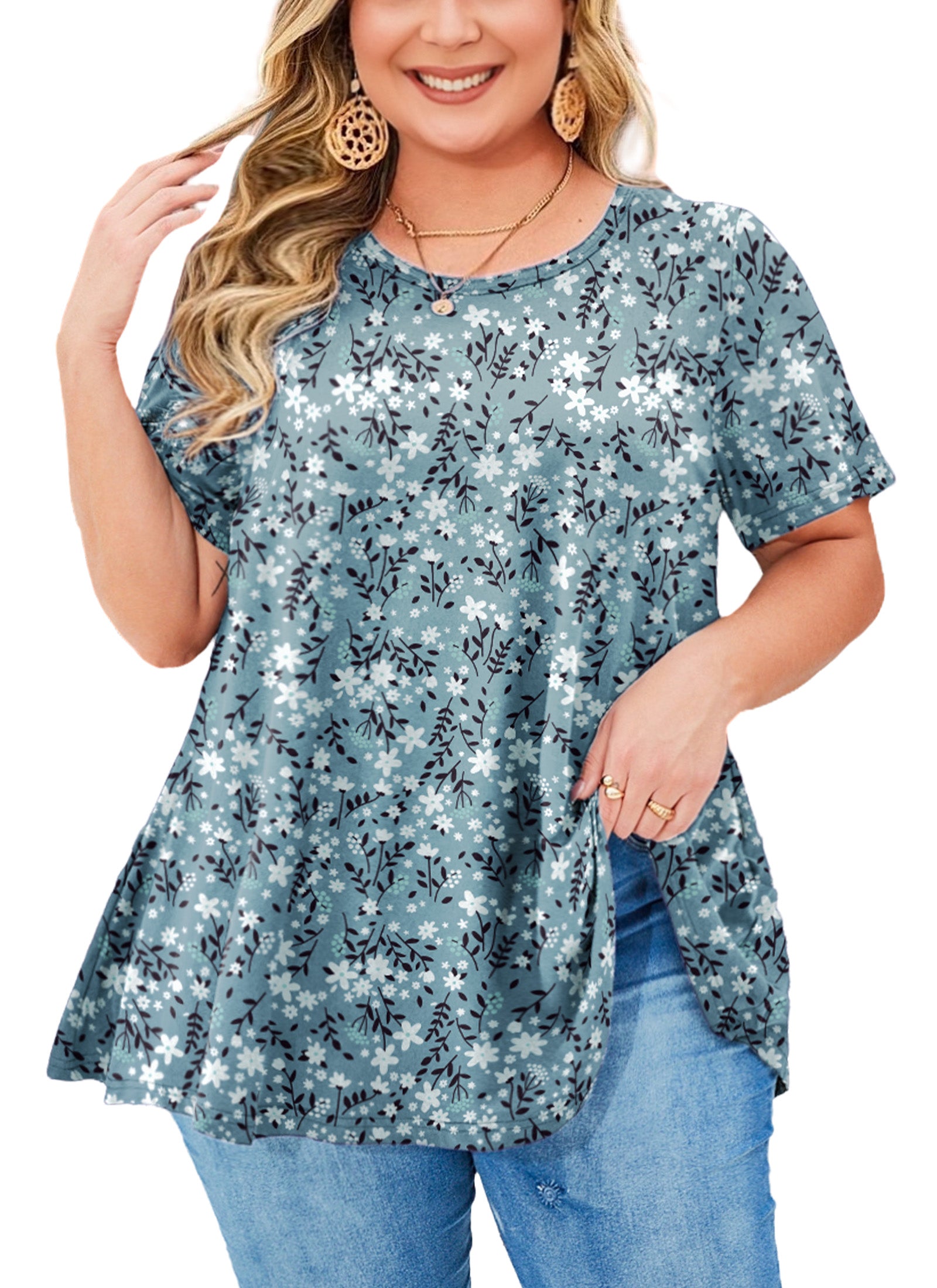 Womens Plus Size Tops Short Sleeve Swing Flare Flowy Tunic Loose Fit Summer Casual Blouses to Wear with Leggings