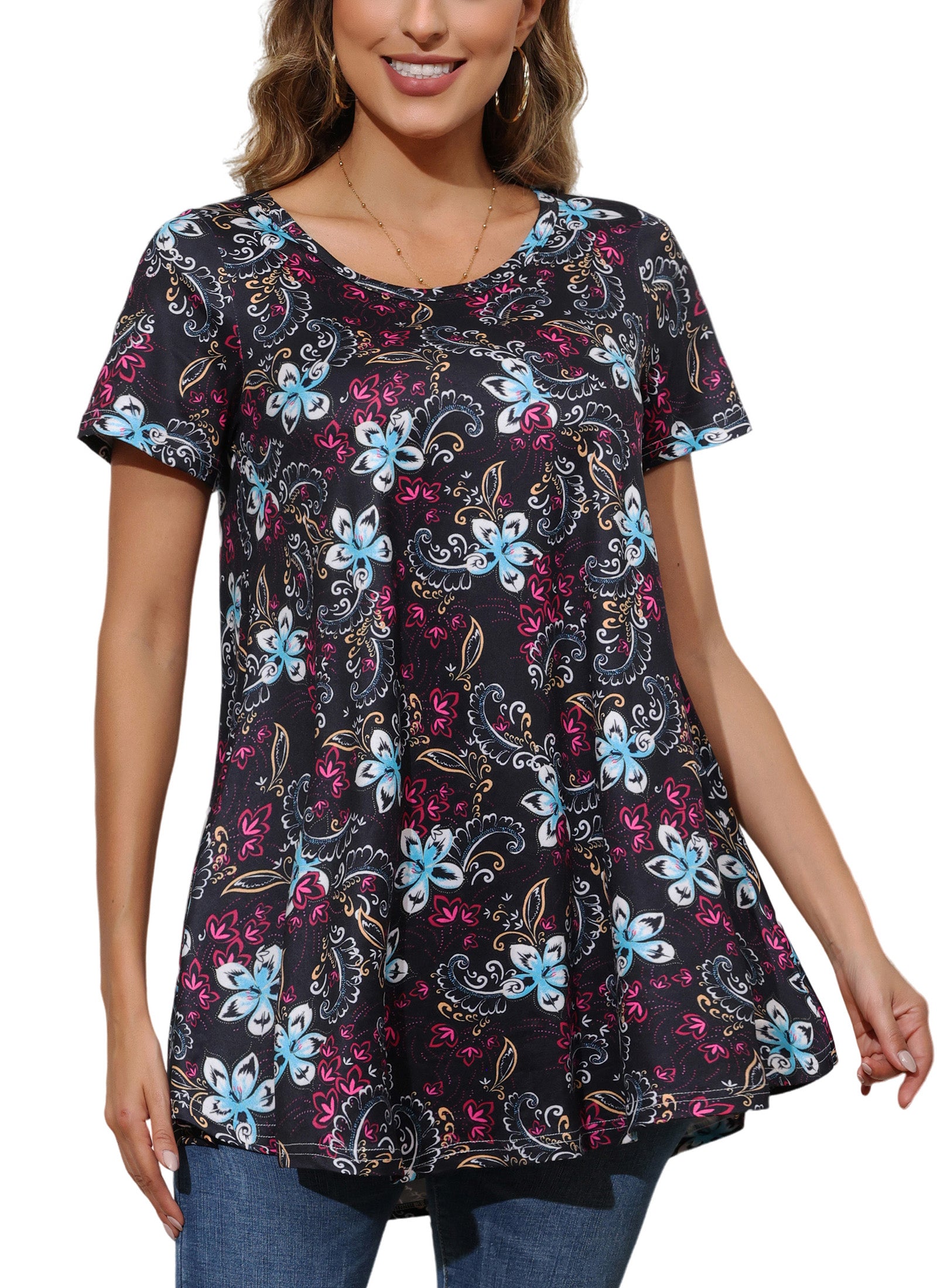 Tunic Tops for Women Plus Size Short Sleeve Crew Neck Swing Flare Loose T-Shirt Blouses to Wear with Leggings