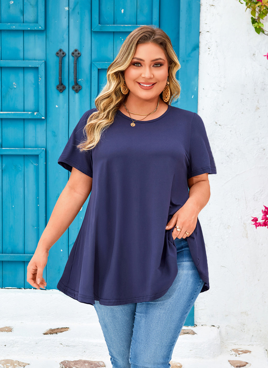Womens Plus Size Tops Short Sleeve Swing Flare Flowy Tunic Loose Fit Summer Casual Blouses to Wear with Leggings