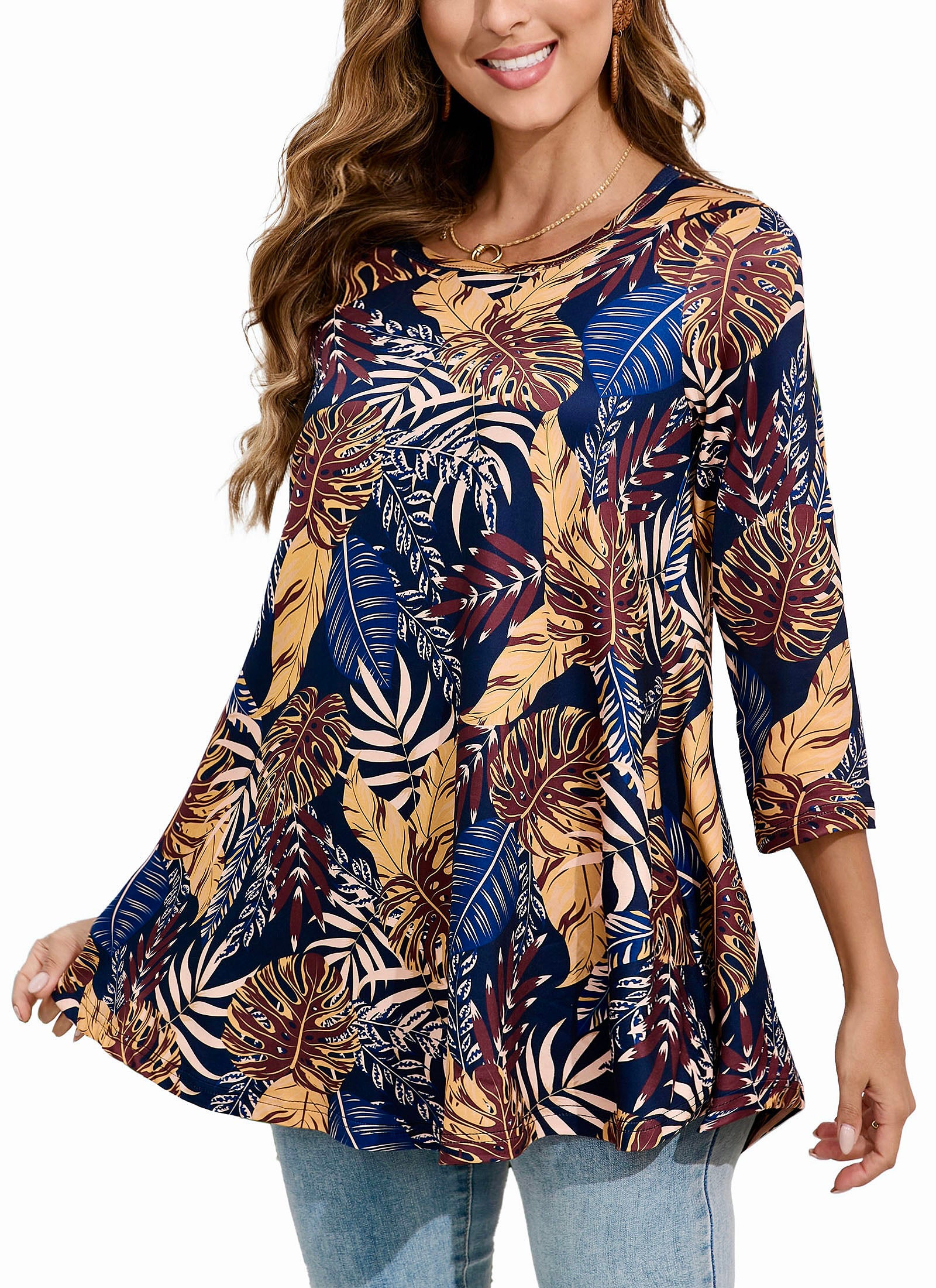 Tunic Tops for Women Plus Size 3/4 Sleeve Crew Neck Swing Flare Loose T-Shirt Blouses to Wear with Leggings
