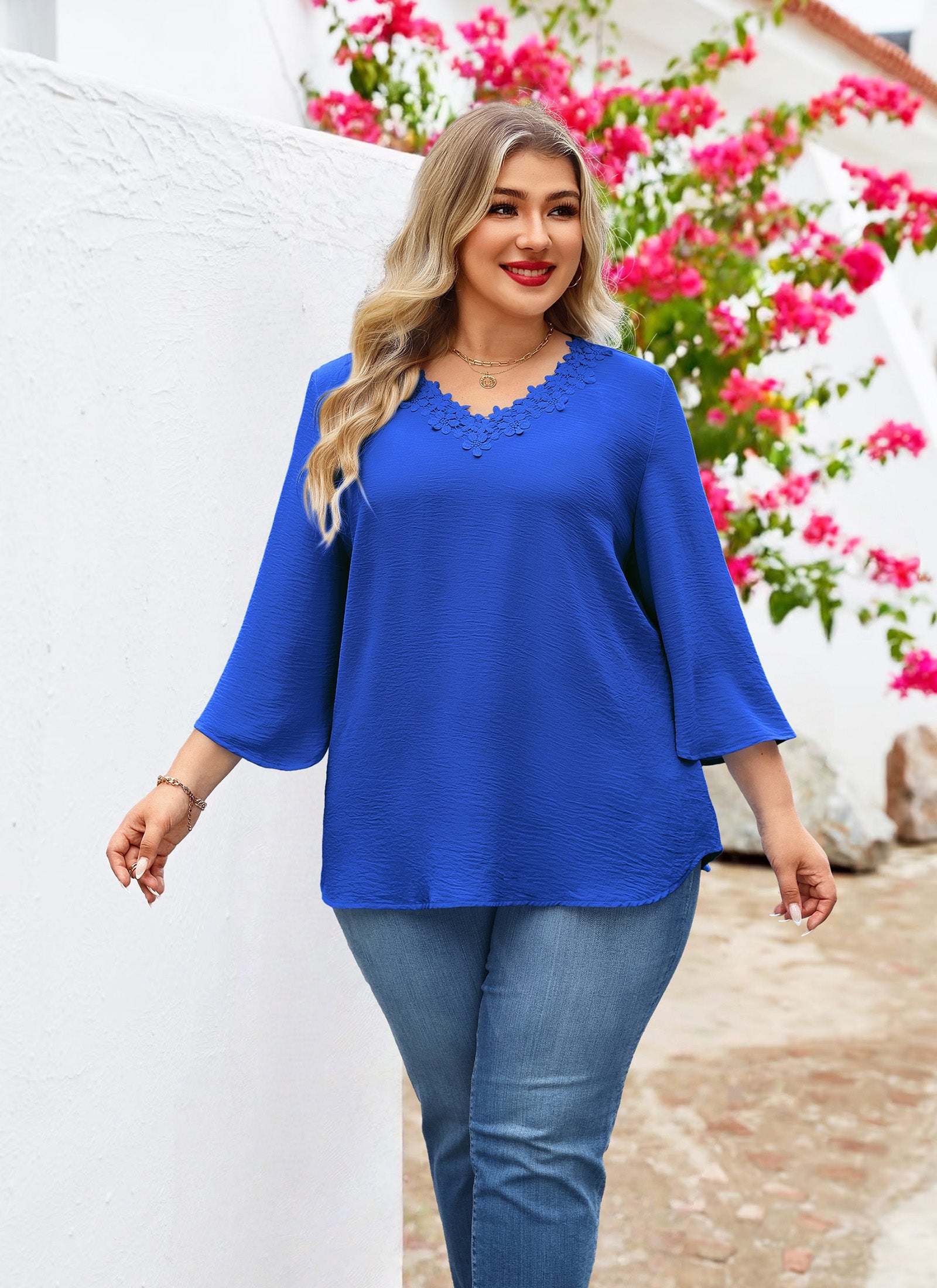 Womens Plus Size Blouses Dressy Casual 3/4 Sleeve Elegant V Neck Floral Trim Ladies Tunics Tops
