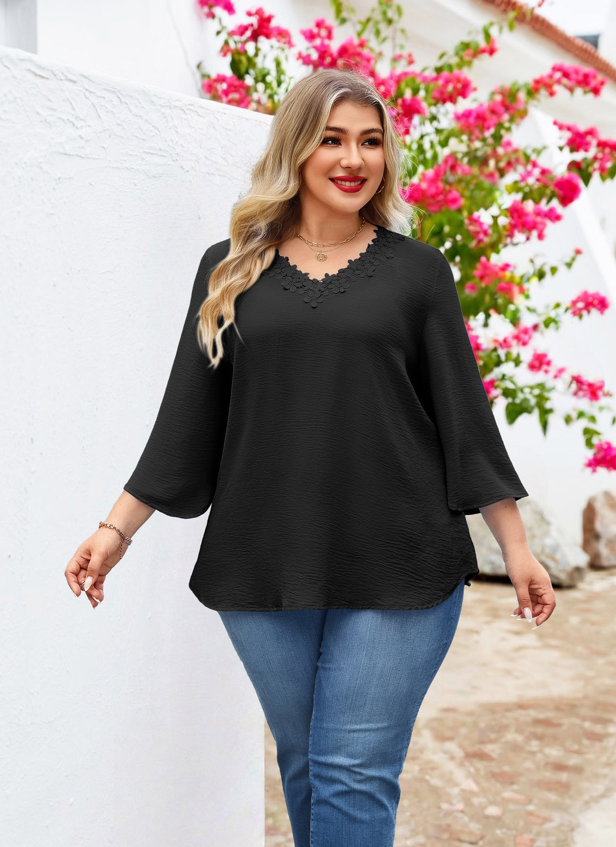 Womens Plus Size Blouses Dressy Casual 3/4 Sleeve Elegant V Neck Floral Trim Ladies Tunics Tops