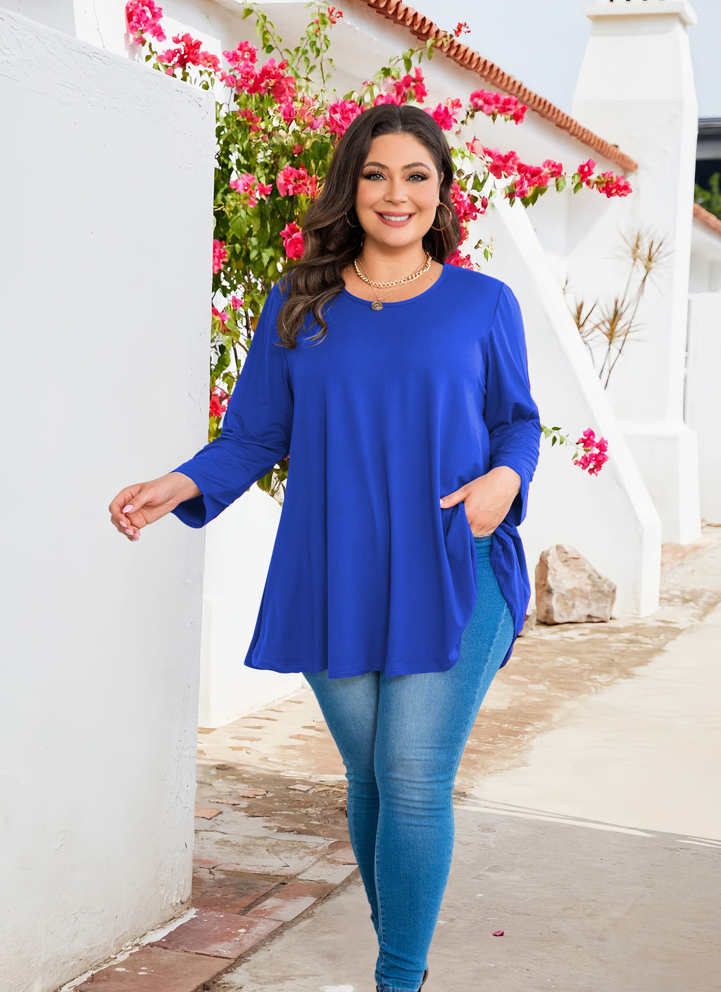 Tunic Tops for Women Plus Size 3/4 Sleeve Crew Neck Swing Flare Loose T-Shirt Blouses to Wear with Leggings