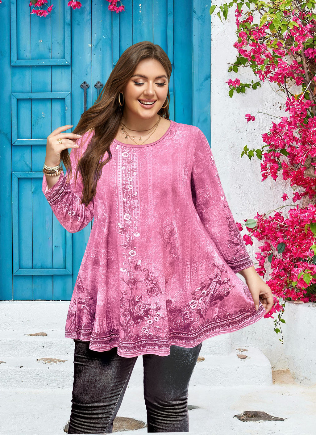 Women's Plus Size Swing Tunic Top | 3/4 Sleeve Flowy Blouse