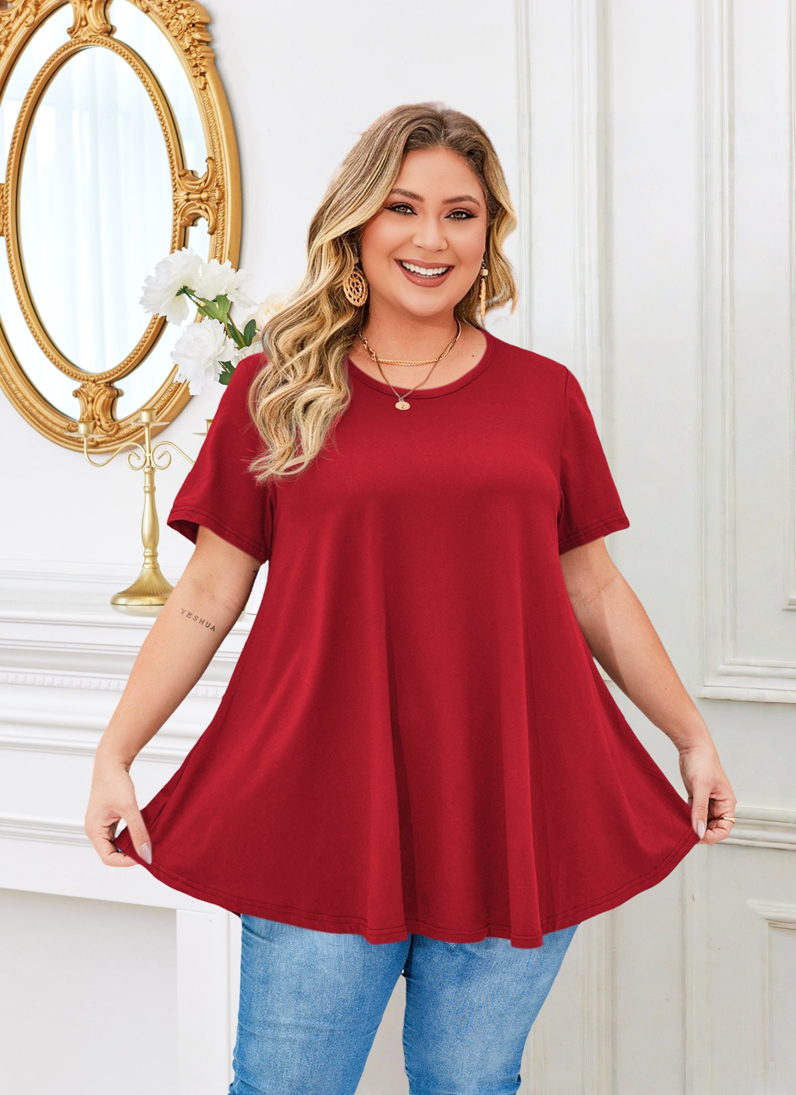 Tunic Tops for Women Plus Size Short Sleeve Crew Neck Swing Flare Loose T-Shirt Blouses to Wear with Leggings