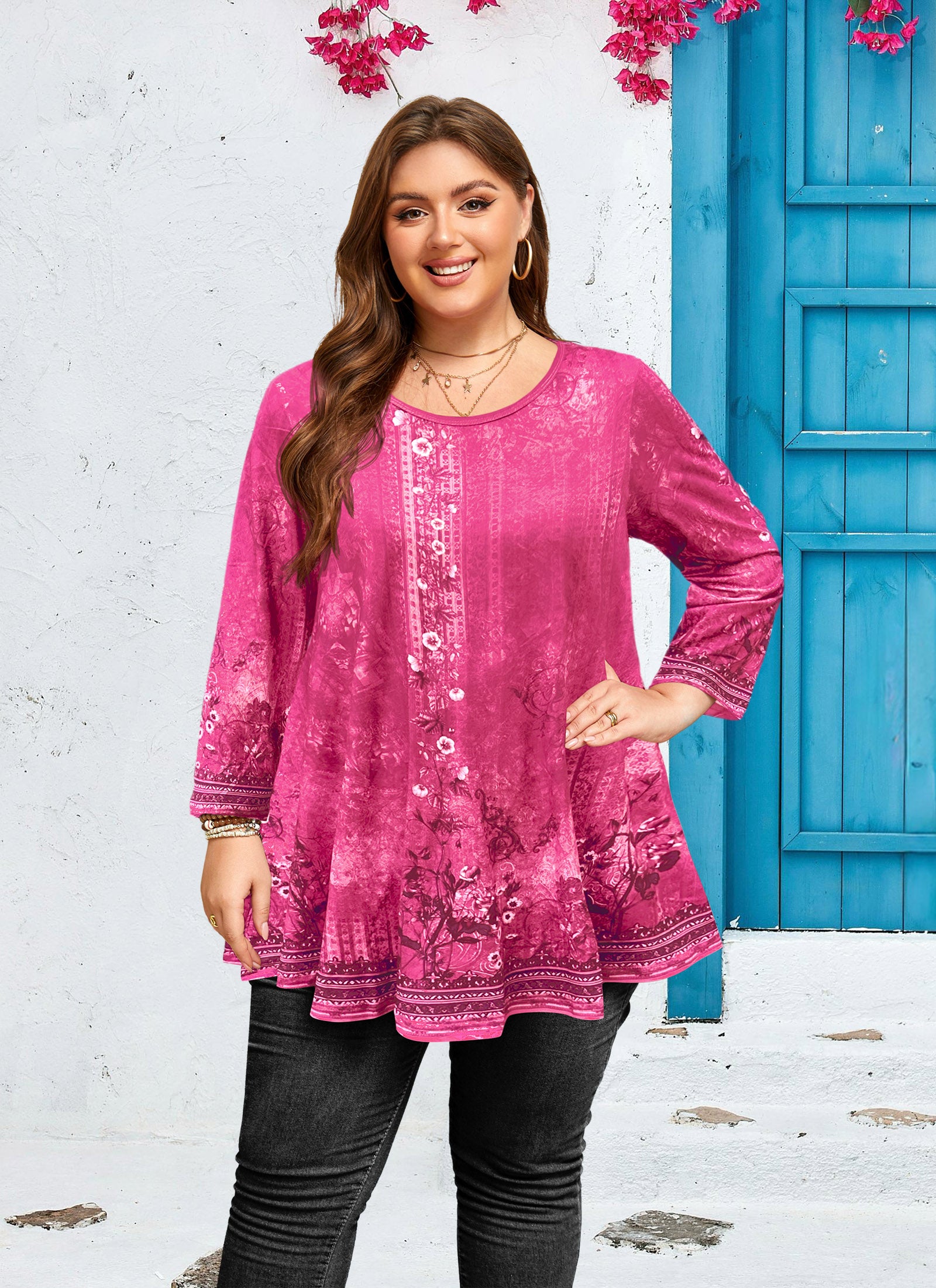 Womens Tunic 3/4 Sleeve Plus Size Tops Crew Neck Swing Flowy Loose Fit T-Shirt Blouses to Wear with Leggings