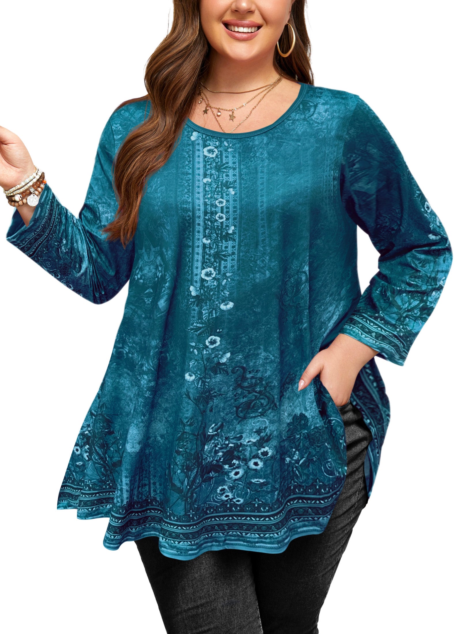 Womens Tunic 3/4 Sleeve Plus Size Tops Crew Neck Swing Flowy Loose Fit T-Shirt Blouses to Wear with Leggings
