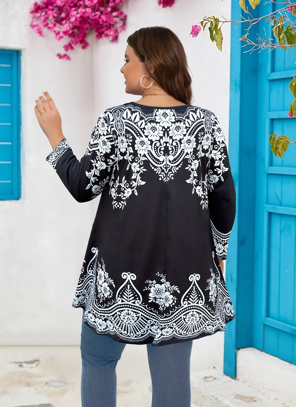 Womens Tunic Tops 3/4 Sleeve Plus Size Crew Neck Swing Flare Loose Fit T-Shirt Blouses to Wear with Leggings