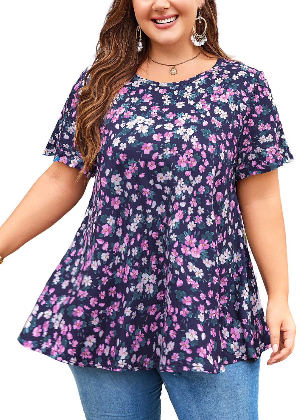 Tunic Tops for Women Plus Size Short Sleeve Crew Neck Swing Flare Loose T-Shirt Blouses to Wear with Leggings