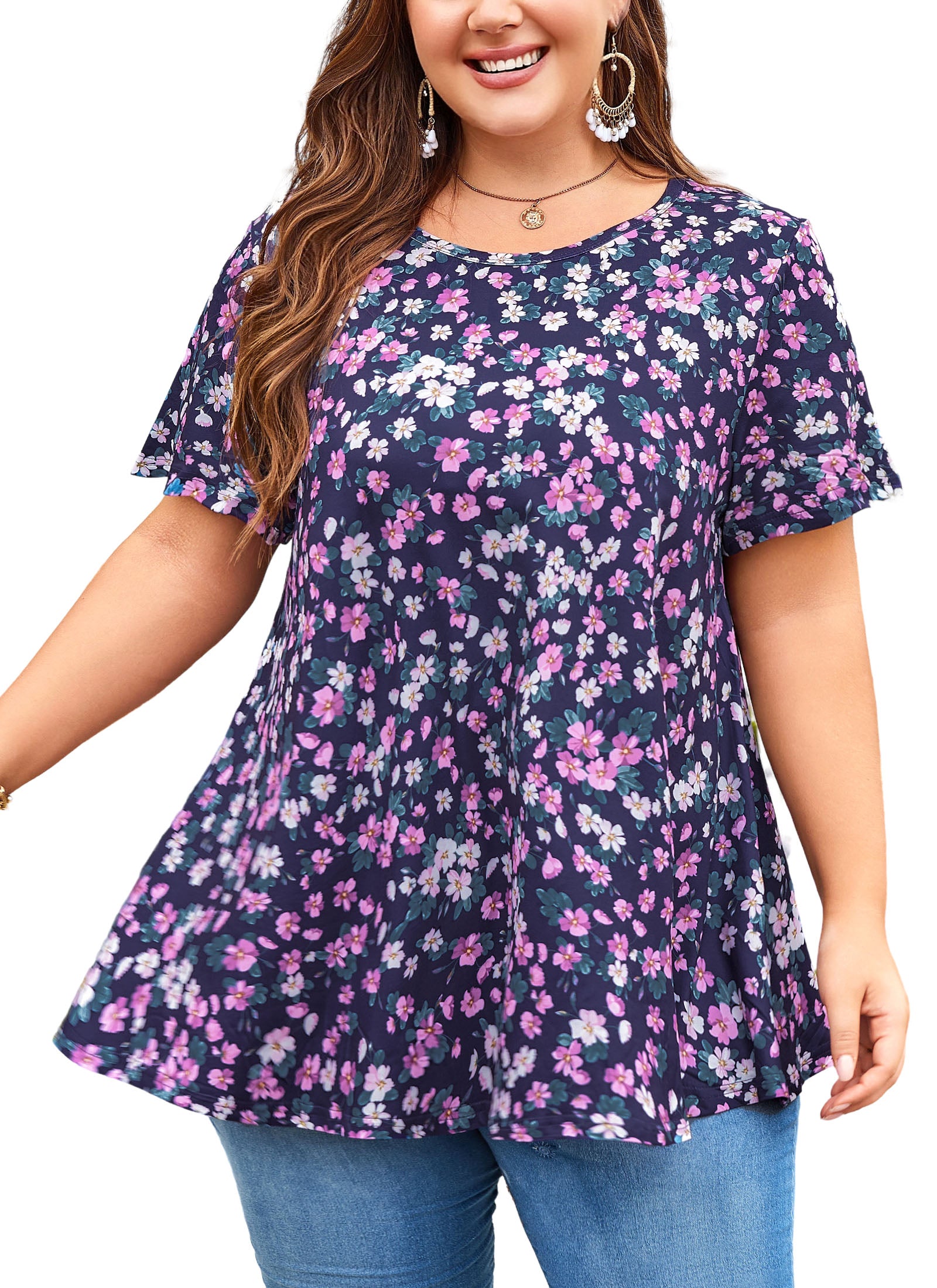 Tunic Tops for Women Plus Size Short Sleeve Crew Neck Swing Flare Loose T-Shirt Blouses to Wear with Leggings