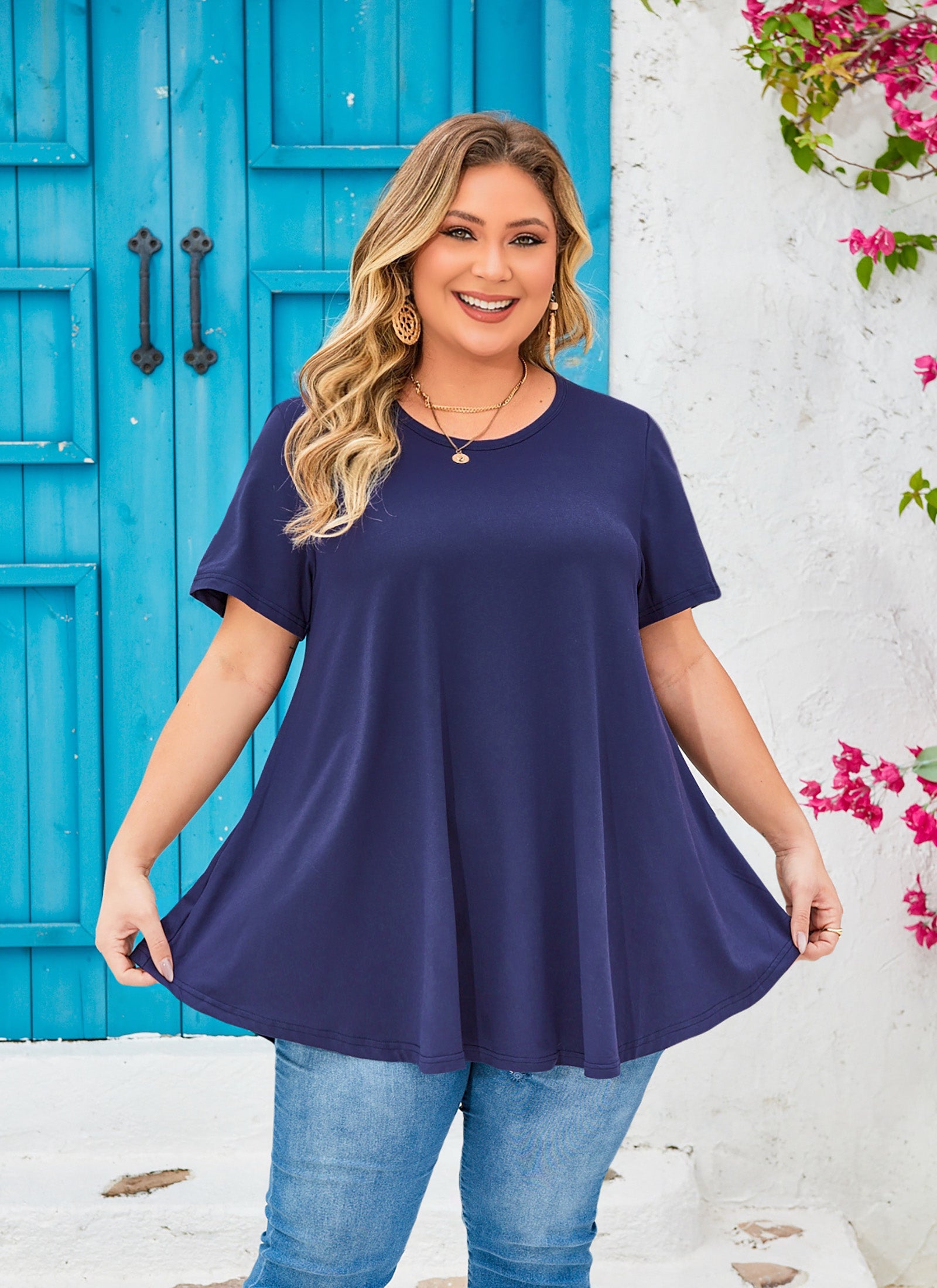 Womens Plus Size Tops Short Sleeve Swing Flare Flowy Tunic Loose Fit Summer Casual Blouses to Wear with Leggings