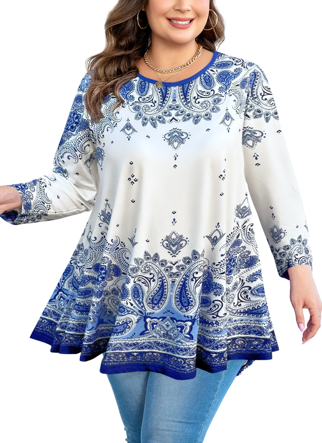 Womens Tunic 3/4 Sleeve Plus Size Tops Crew Neck Swing Flowy Loose Fit T-Shirt Blouses to Wear with Leggings