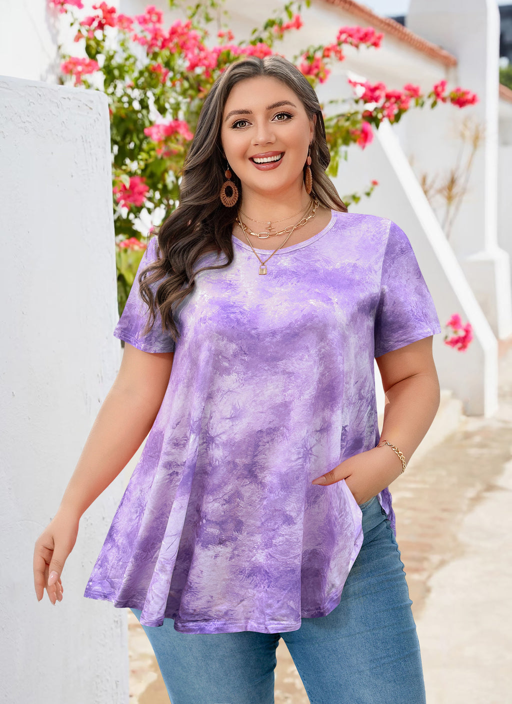 Tunic Tops for Women Plus Size Short Sleeve Crew Neck Swing Flare Loose T-Shirt Blouses to Wear with Leggings
