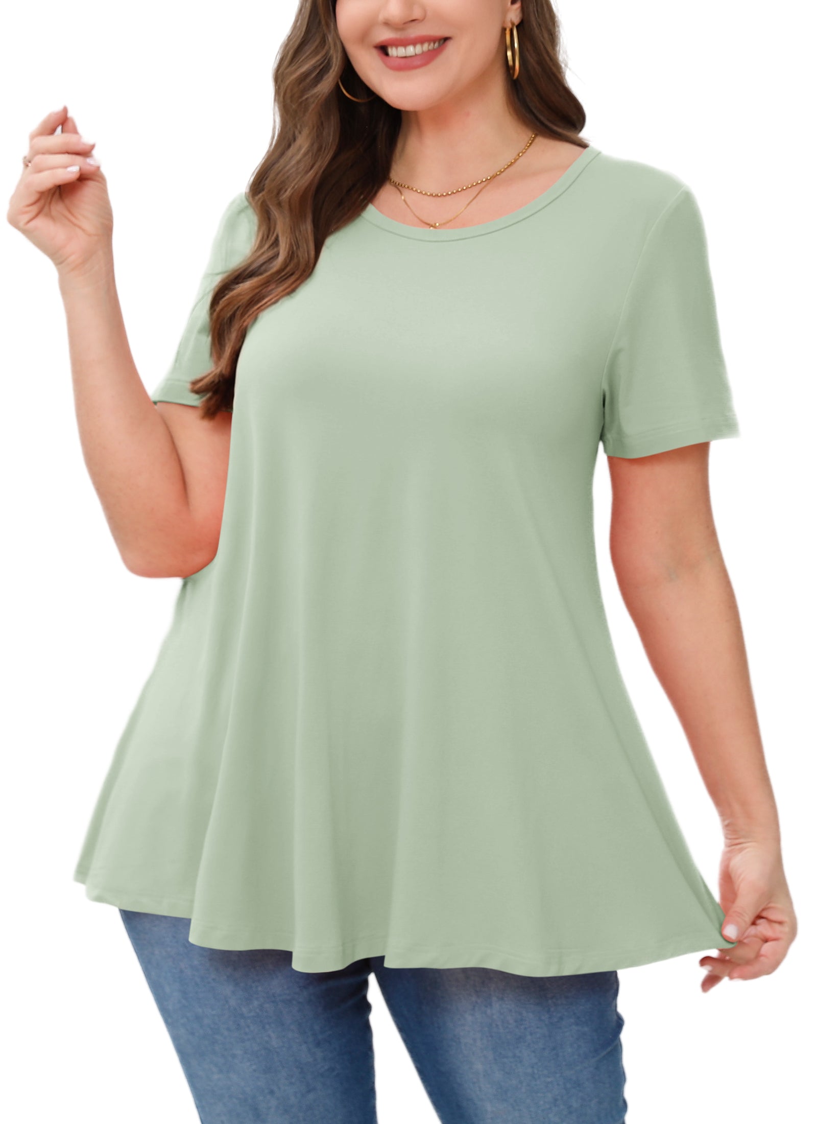 Tunic Tops for Women Plus Size Short Sleeve Crew Neck Swing Flare Loose T-Shirt Blouses to Wear with Leggings