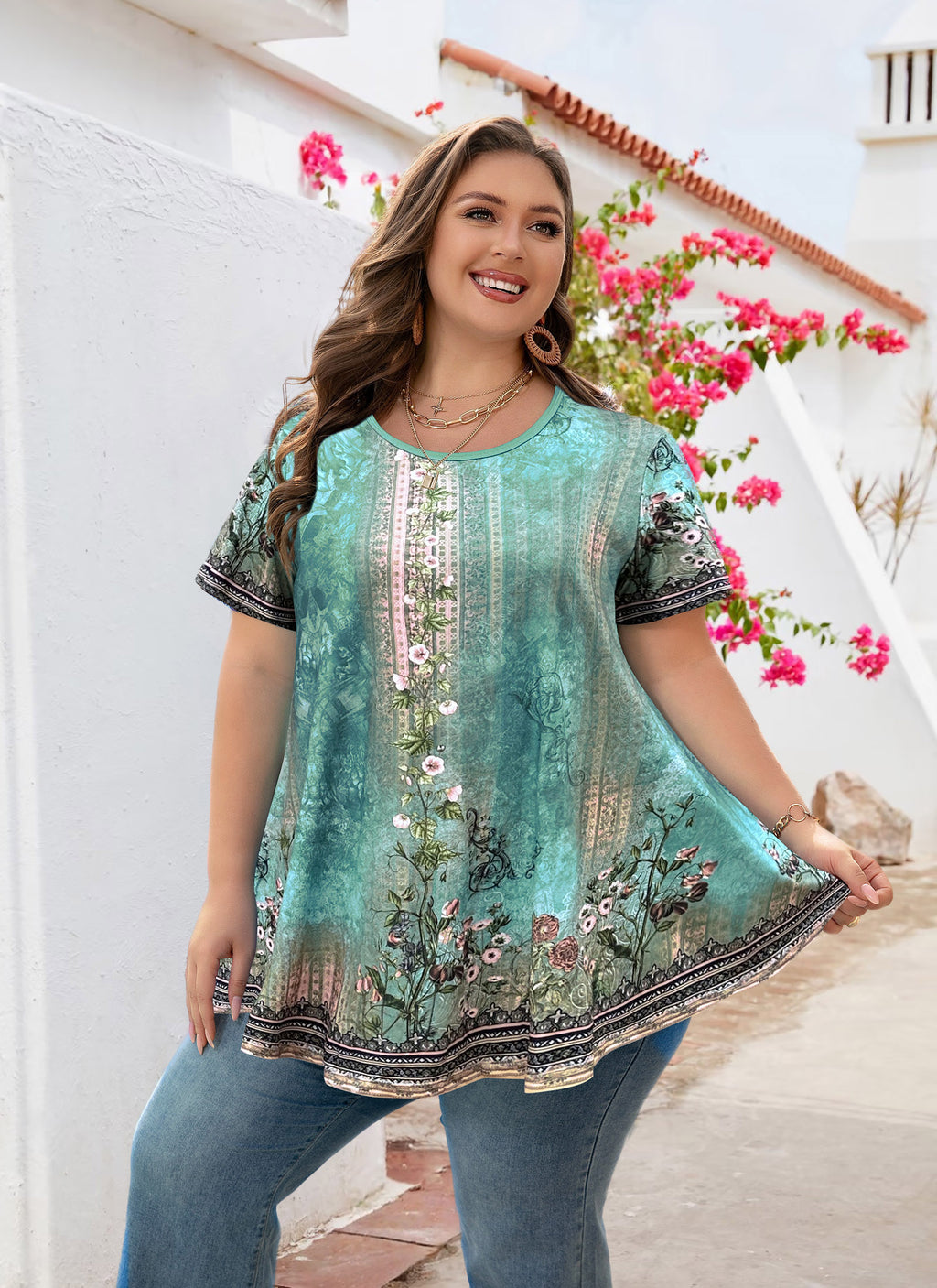 Tunic Tops for Women Plus Size Short Sleeve Crew Neck Swing Flare Loose T-Shirt Blouses to Wear with Leggings