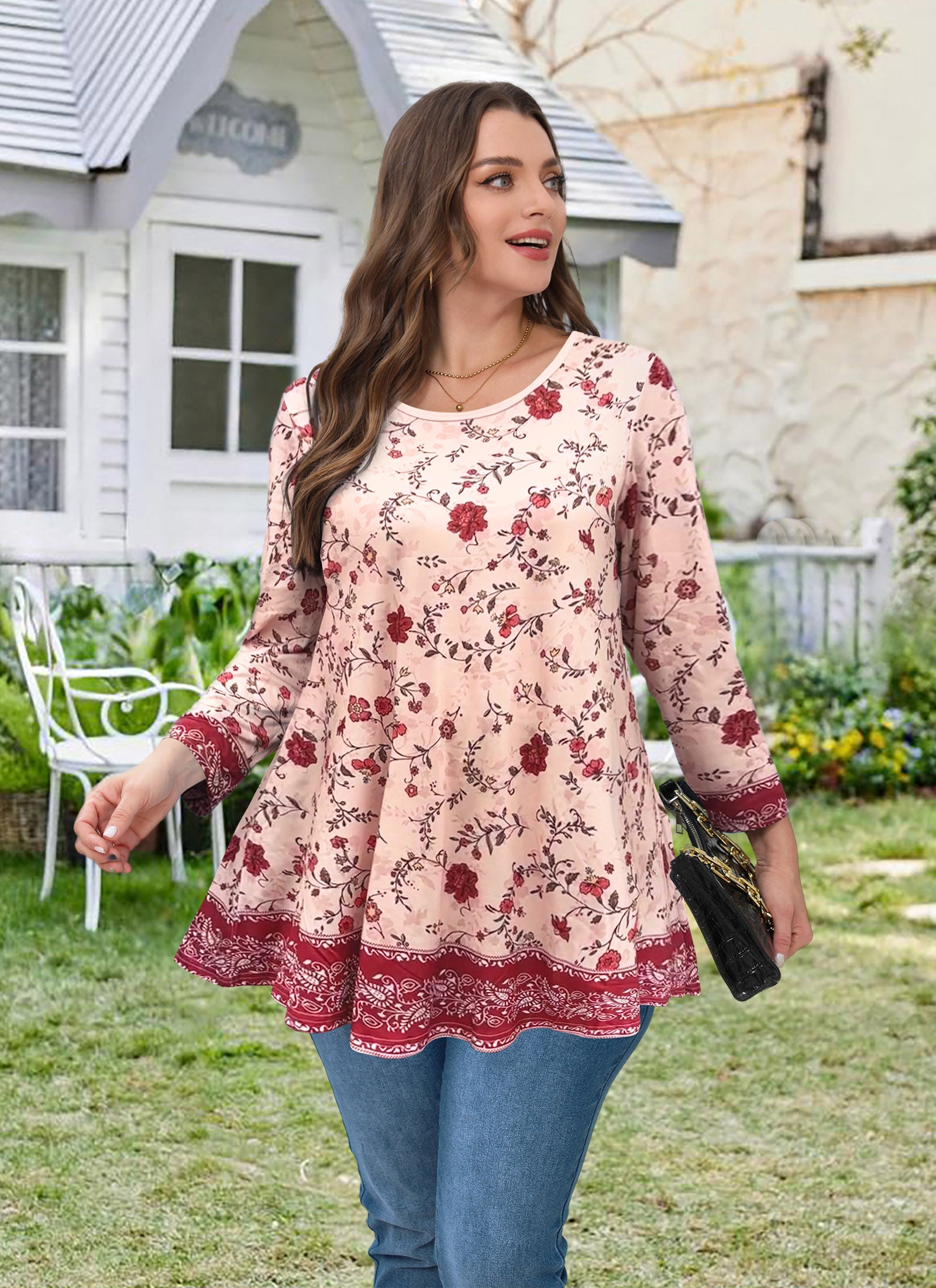 Womens Tunic 3/4 Sleeve Plus Size Tops Crew Neck Swing Flowy Loose Fit T-Shirt Blouses to Wear with Leggings