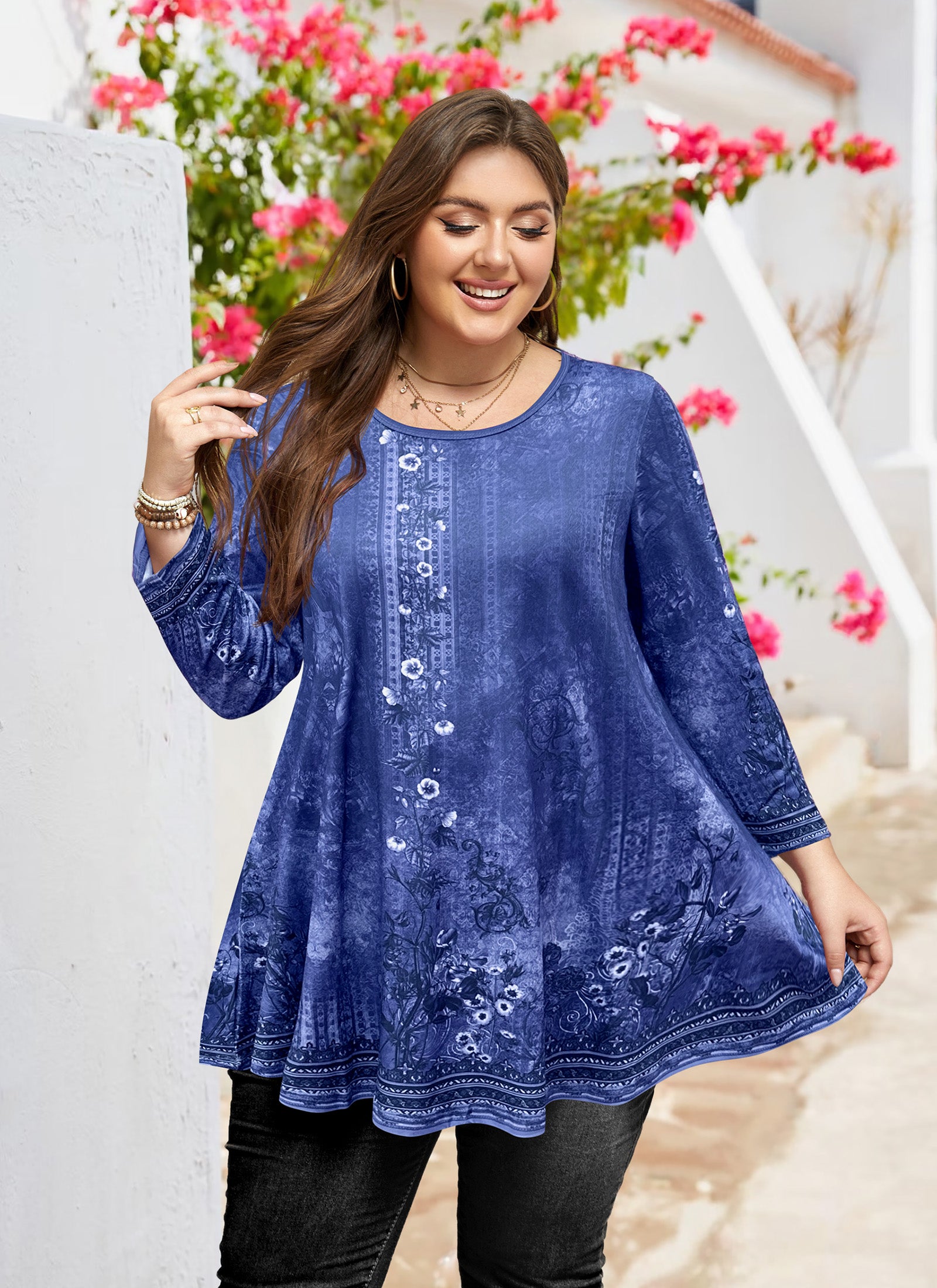 Tunic Tops for Women Plus Size 3/4 Sleeve Crew Neck Swing Flare Loose T-Shirt Blouses to Wear with Leggings