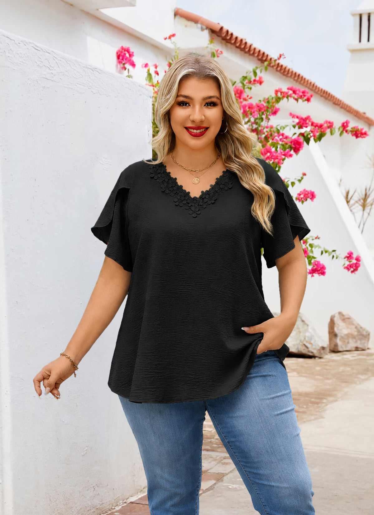Women's V-Neck Floral Trim Blouse – Loose Fit Plus Size Top, Black