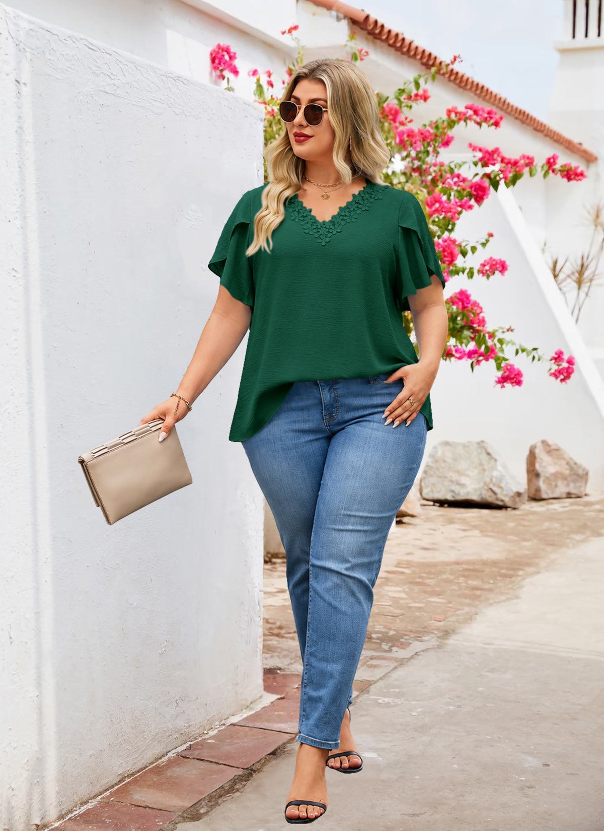Women's V-Neck Floral Trim Blouse – Loose Fit Plus Size Top, Green