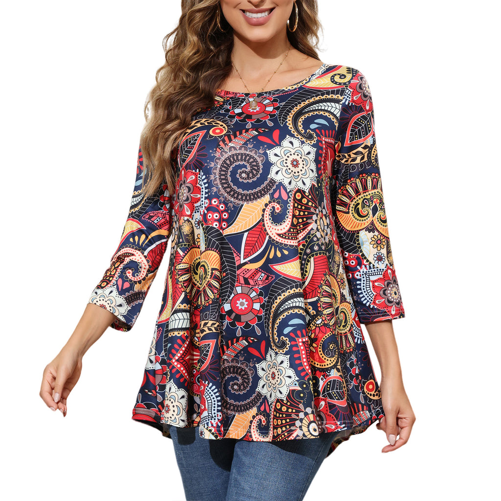 Tunic Tops for Women Plus Size 3/4 Sleeve Crew Neck Swing Flare Loose T-Shirt Blouses to Wear with Leggings