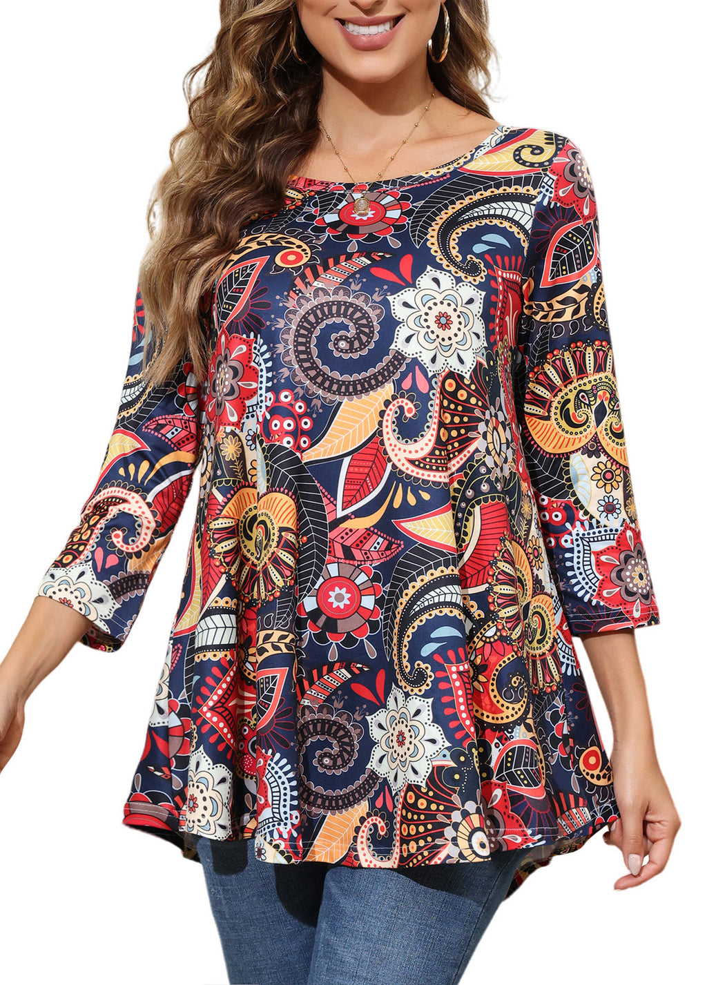 Tunic Tops for Women Plus Size 3/4 Sleeve Crew Neck Swing Flare Loose T-Shirt Blouses to Wear with Leggings