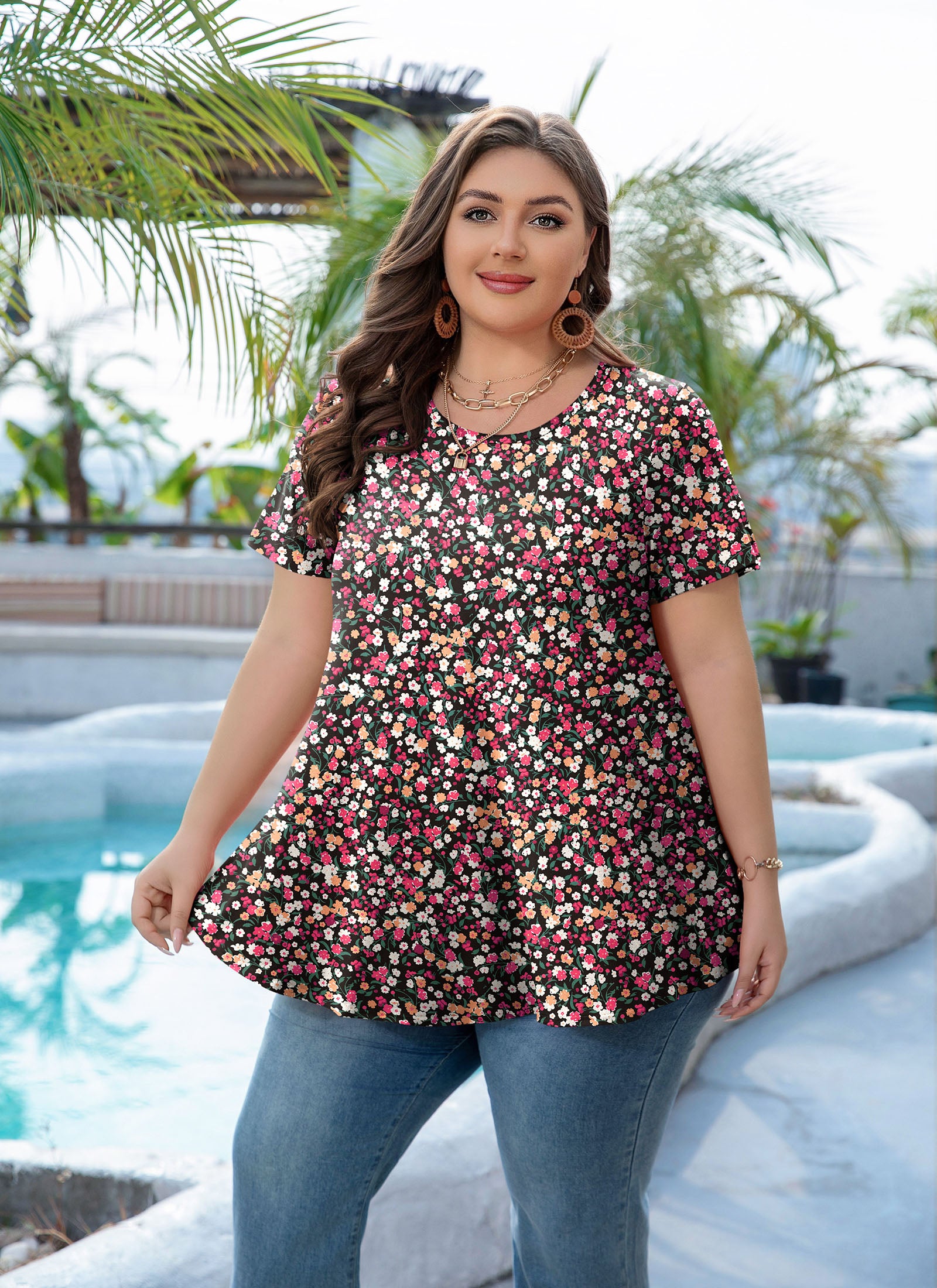 Womens Plus Size Tops Short Sleeve Swing Flare Flowy Tunic Loose Fit Summer Casual Blouses to Wear with Leggings