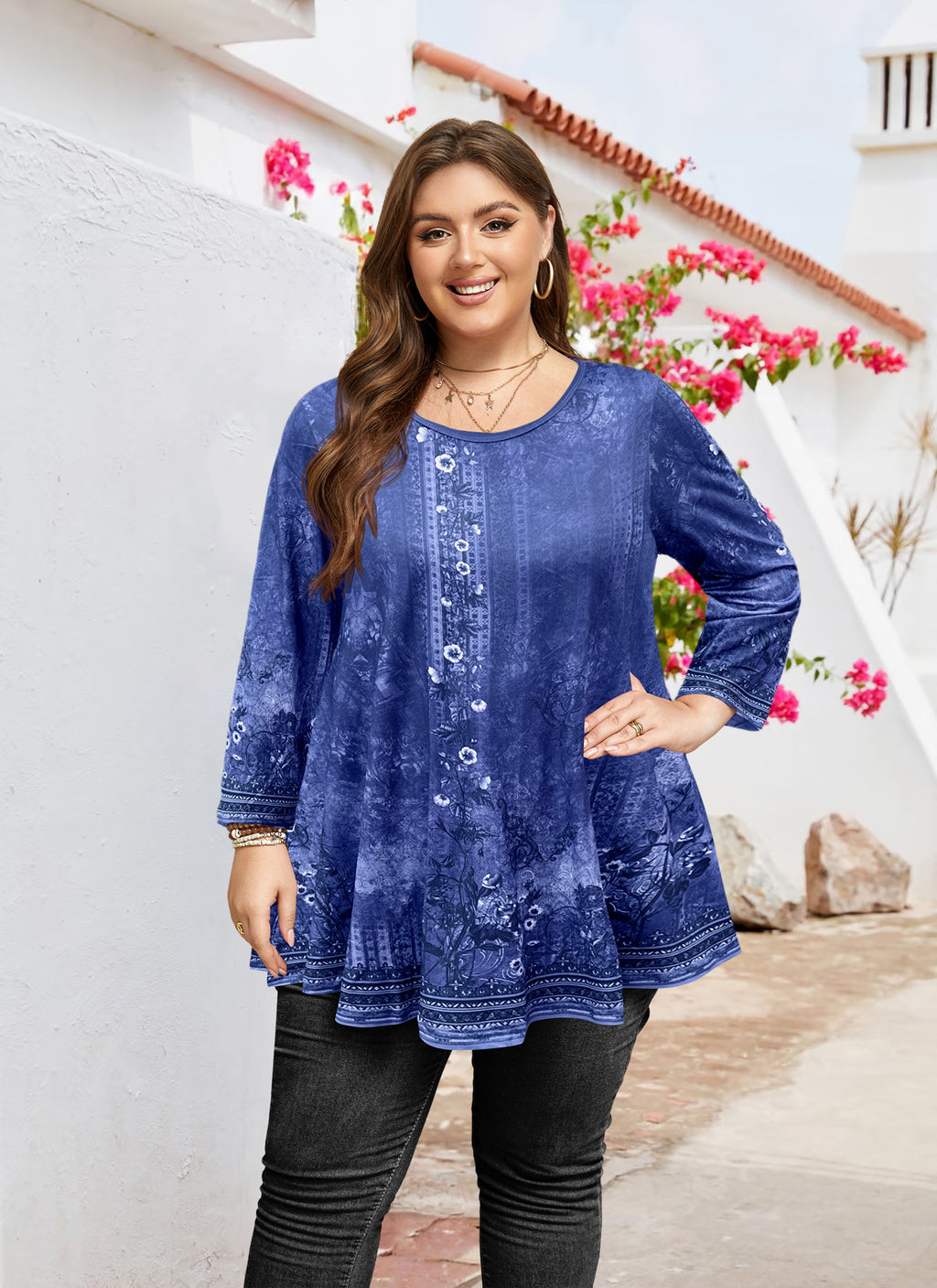 Tunic Tops for Women Plus Size 3/4 Sleeve Crew Neck Swing Flare Loose T-Shirt Blouses to Wear with Leggings