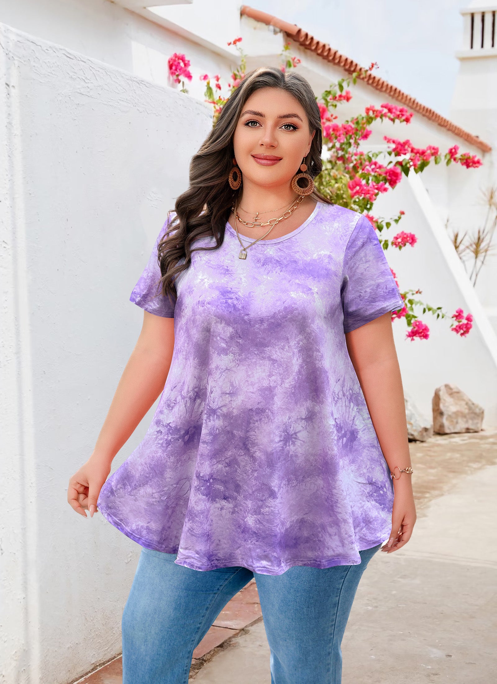 Tunic Tops for Women Plus Size Short Sleeve Crew Neck Swing Flare Loose T-Shirt Blouses to Wear with Leggings